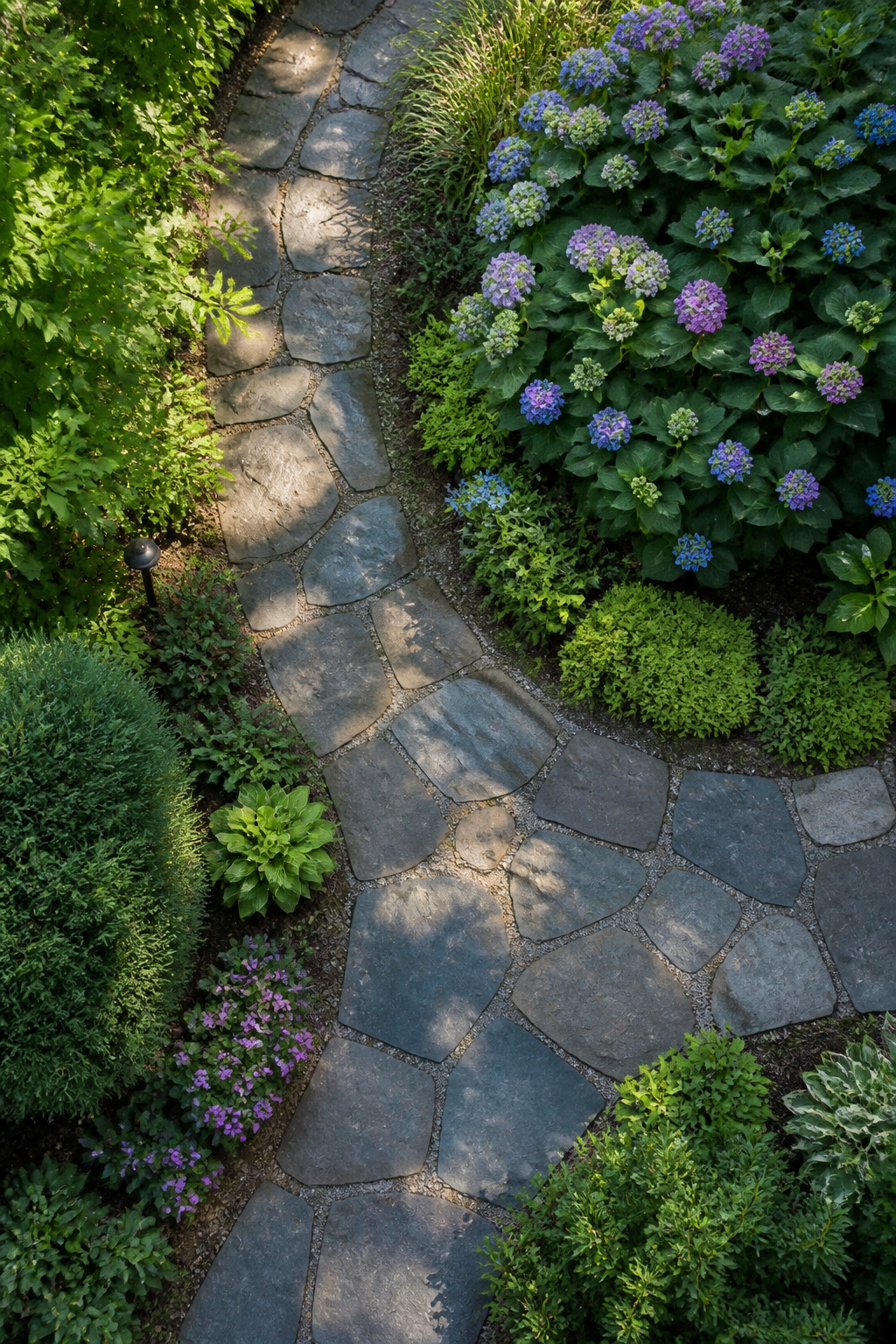 A curved stone path winding through a garden area.