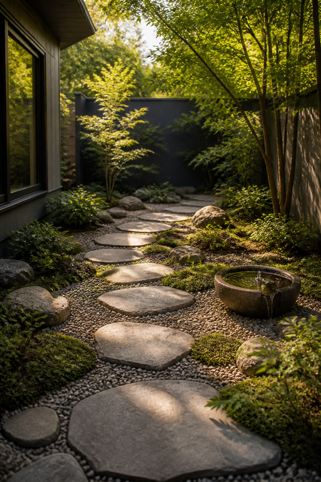 Gravel and concrete slabs create a tranquil Zen-inspired path.