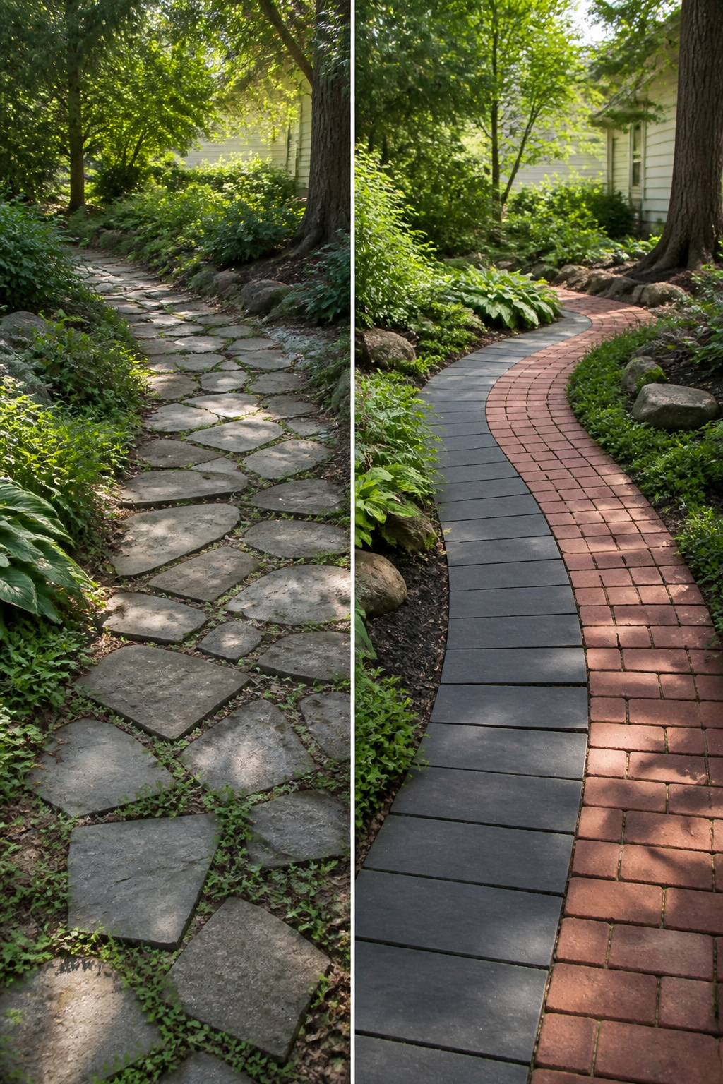 Pathways made of dark slate, red brick, and wood decking.