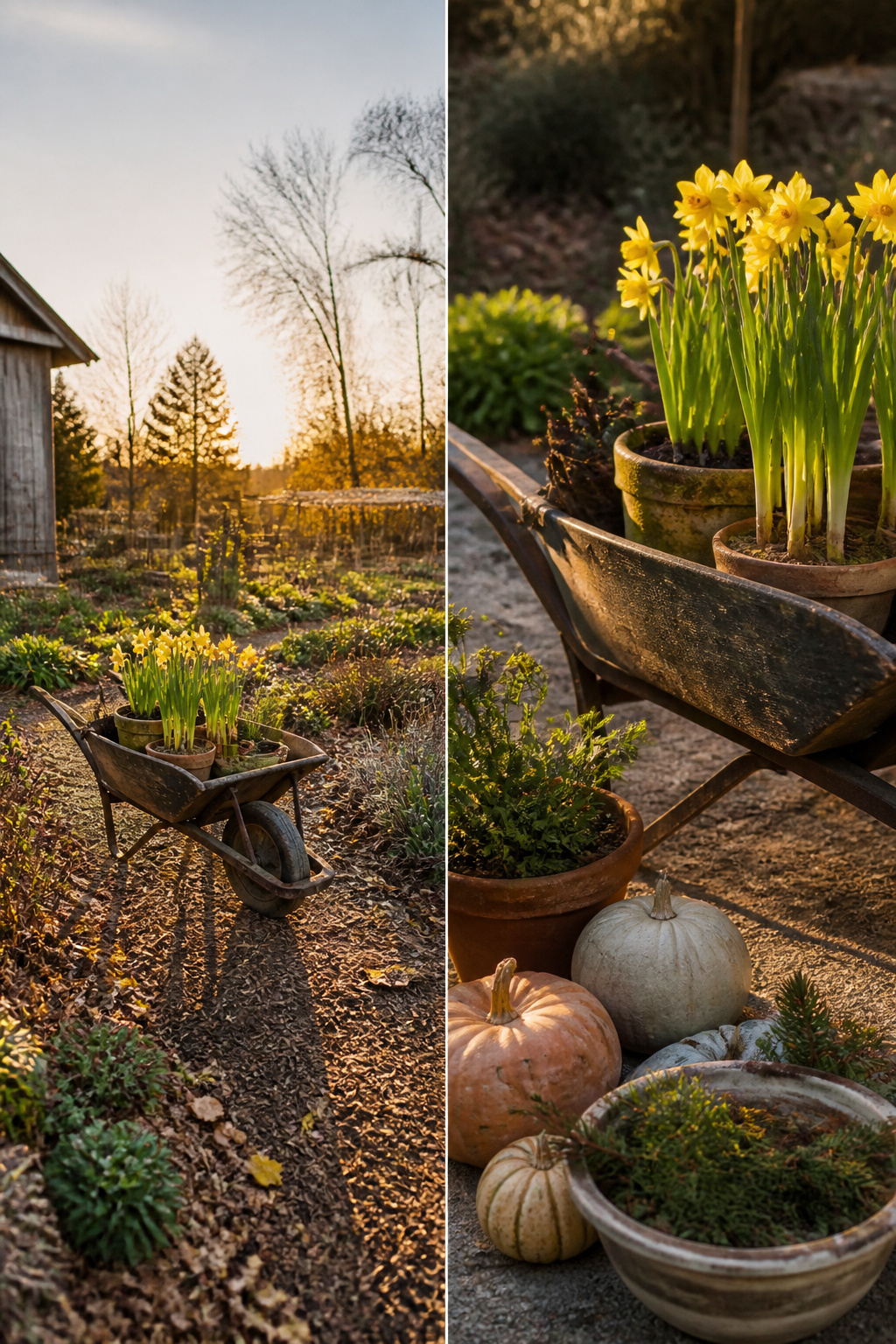 A wheelbarrow filled with seasonal plants for different times of the year.
