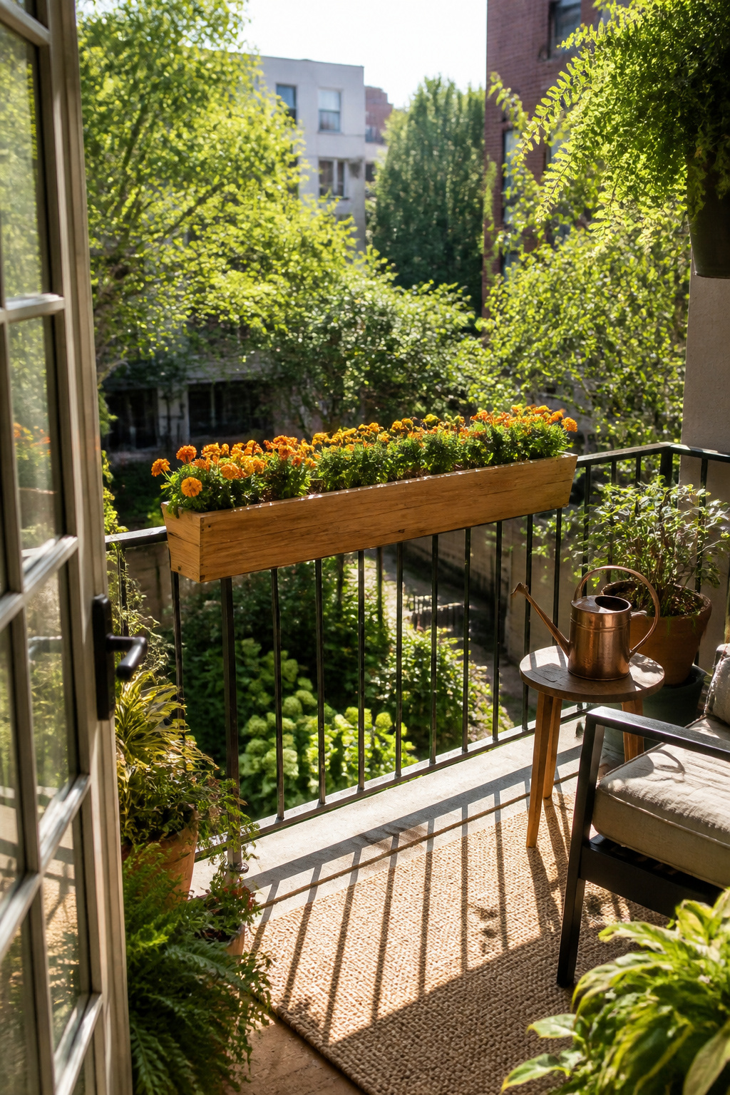 A cedar railing planter with marigolds sits on a balcony railing.