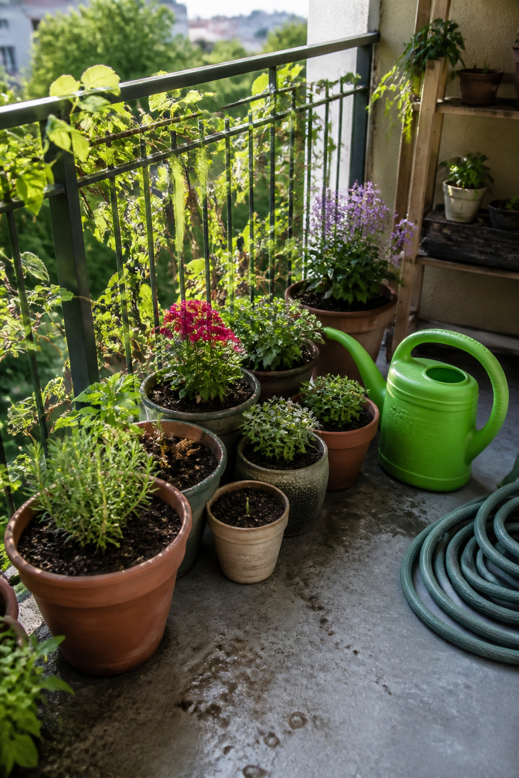 A green watering can next to potted plants on a balcony.