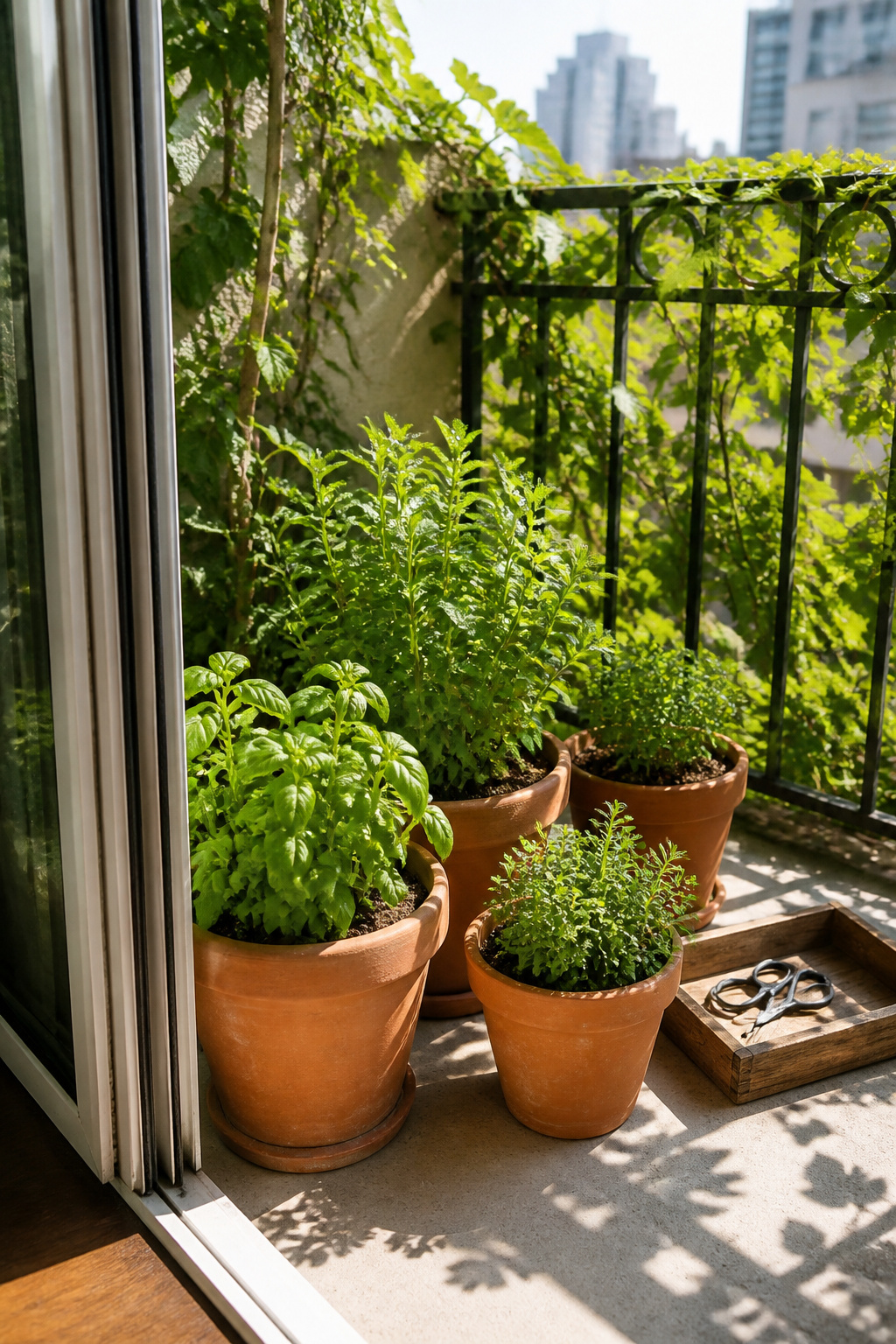 A collection of terracotta pots with herbs on a balcony.
