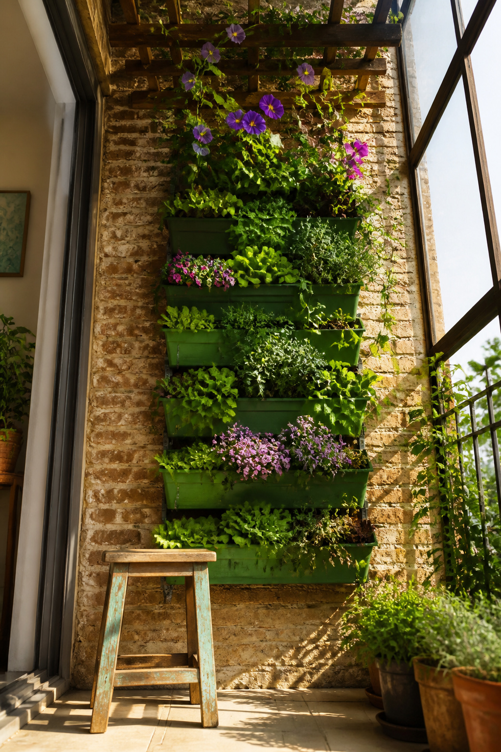 Vertical wall planters with various plants on a balcony wall.