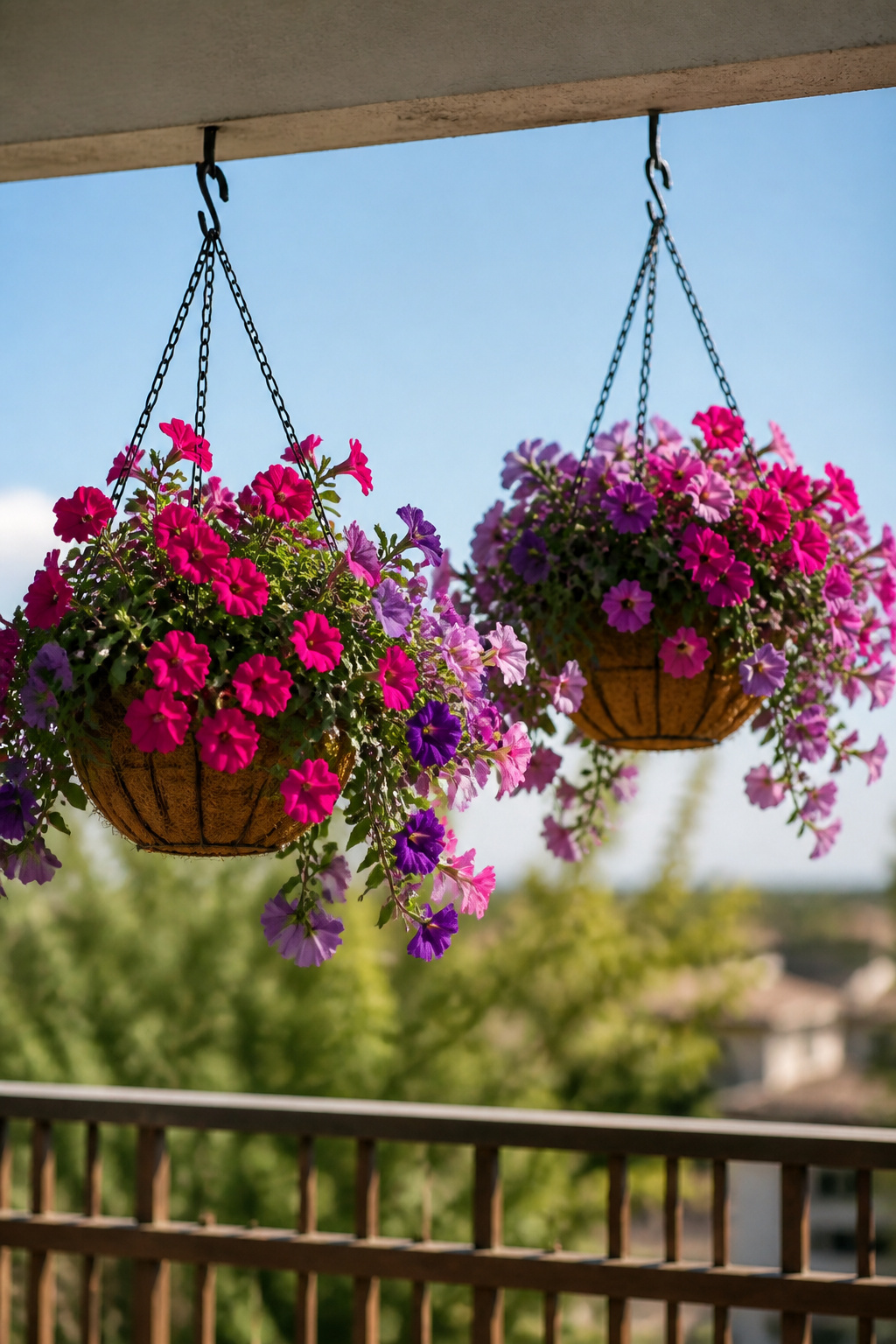 A hanging basket with trailing plants suspended from a balcony ceiling.