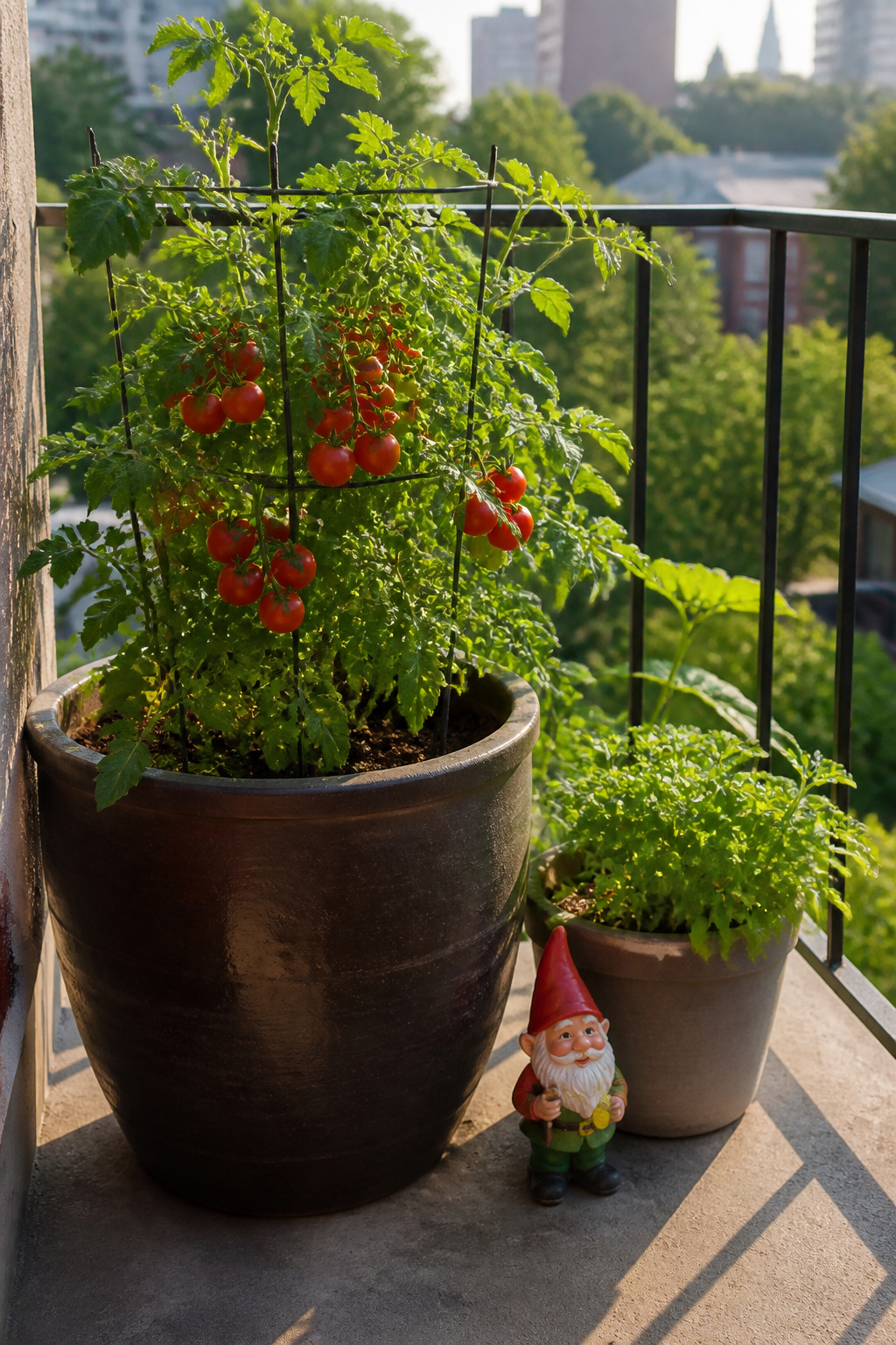 A cherry tomato plant in a 5-gallon pot on a balcony.