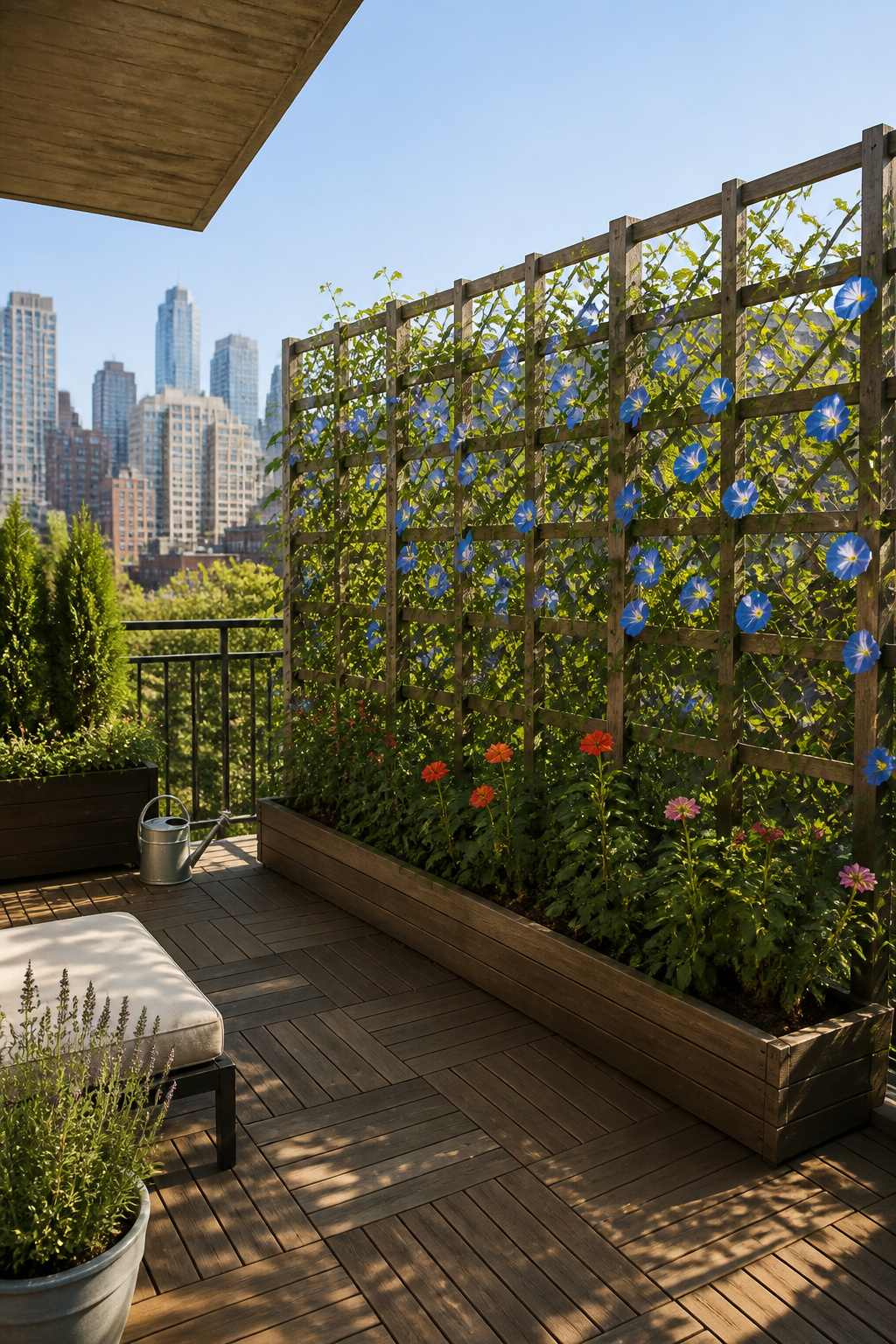 A trellis with morning glory vines growing on a balcony.