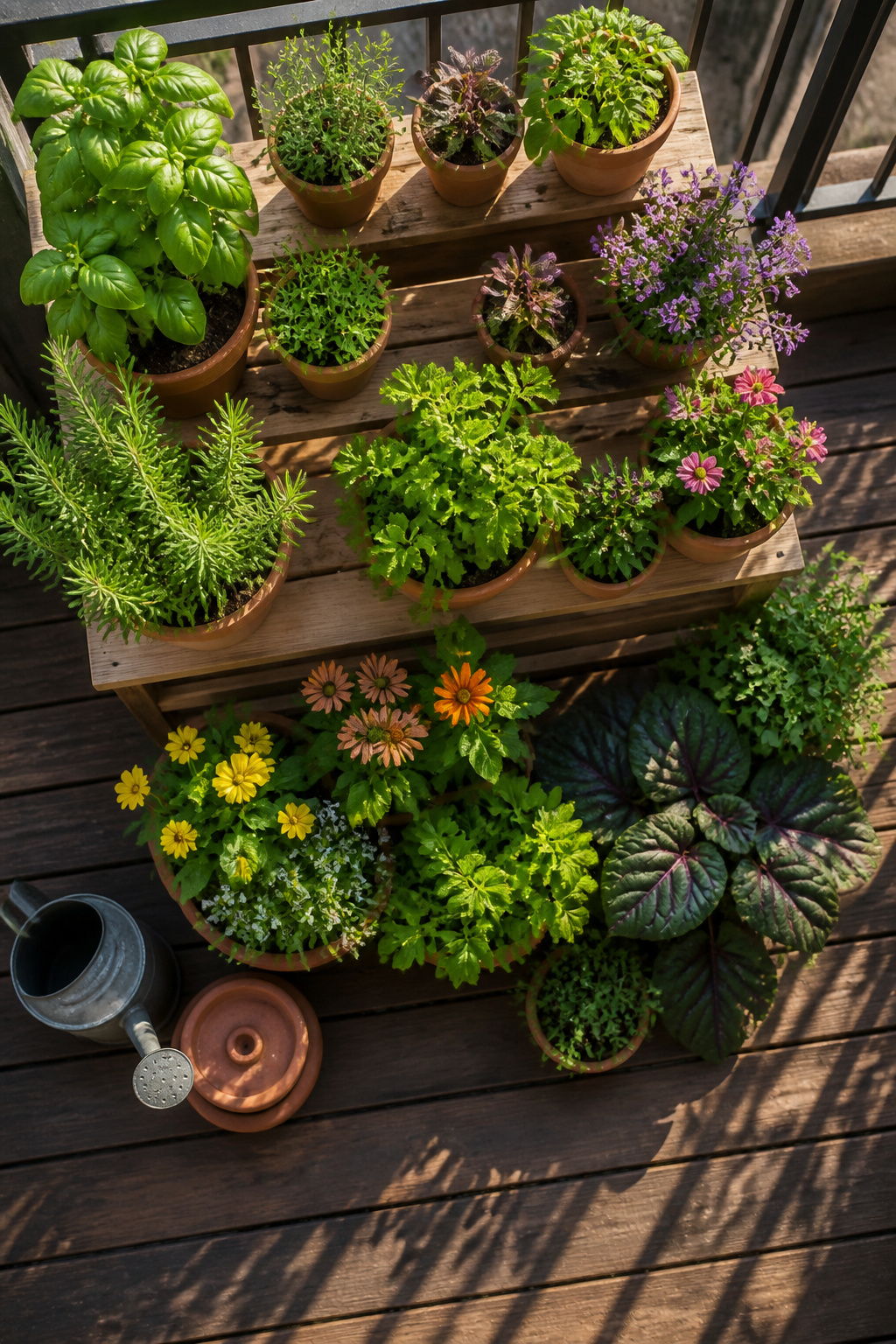 A tiered planter displaying various plants on a small balcony.