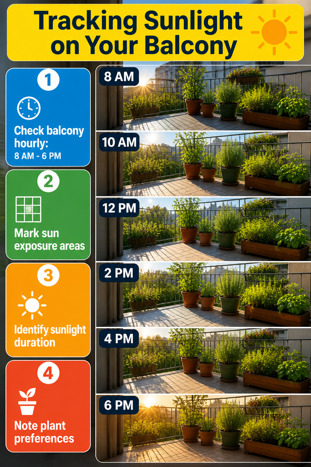 A chart showing sunlight exposure on a balcony throughout the day.