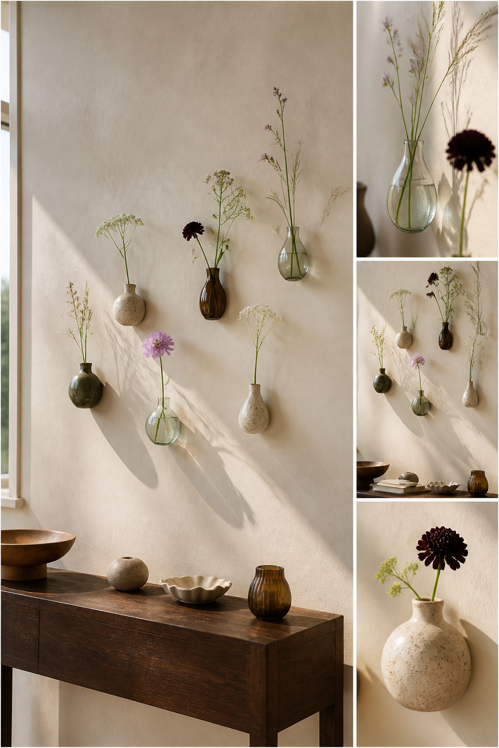 Ceramic and glass vases mounted on a wall with single stems inside.