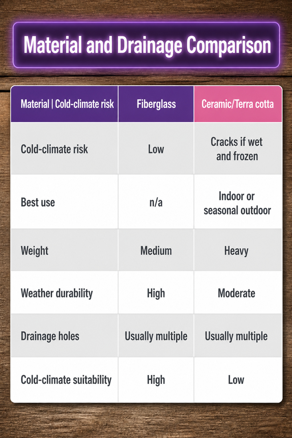 Comparison chart of materials and drainage options for wall planters.