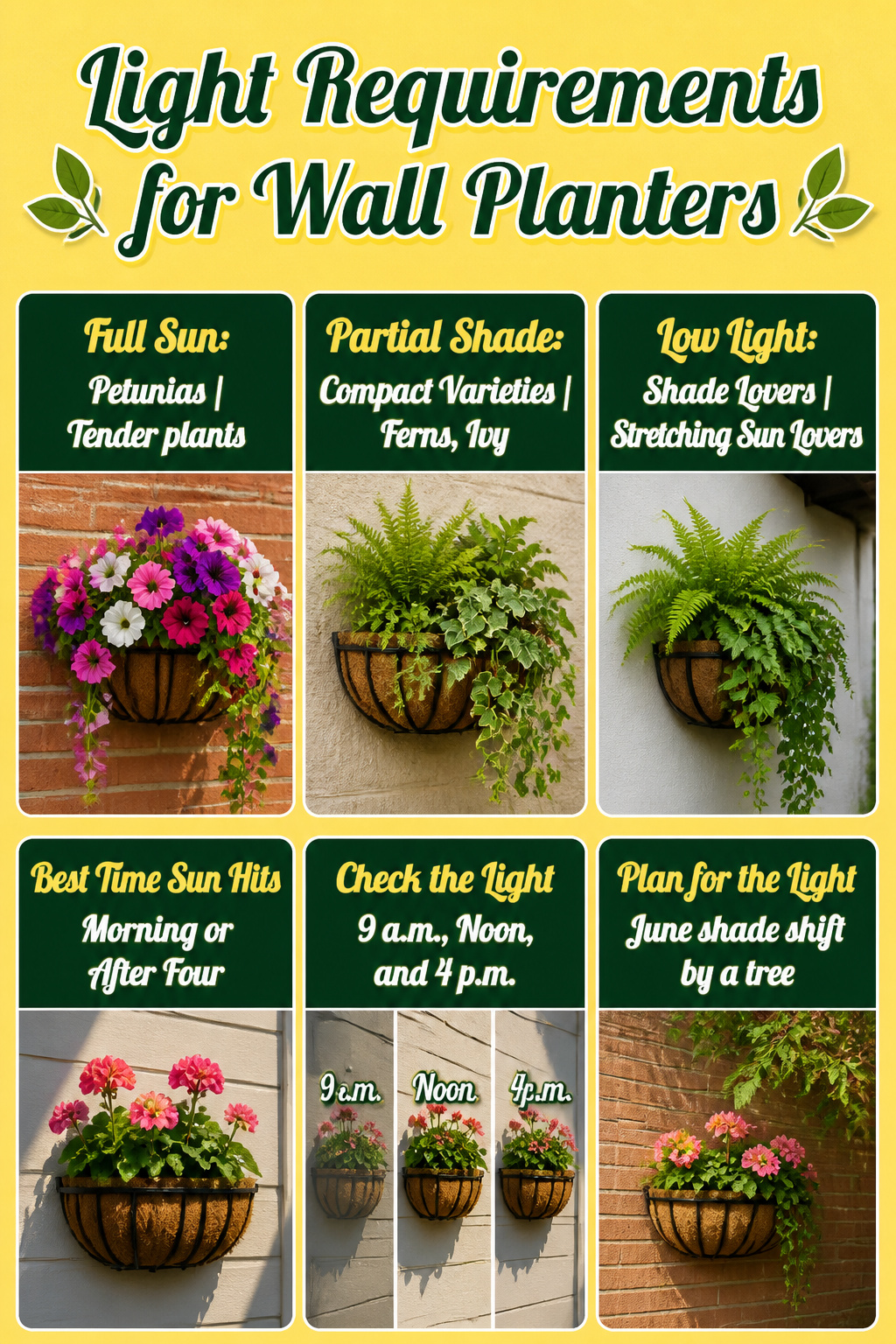 Chart showing light requirements for different wall planter plants.