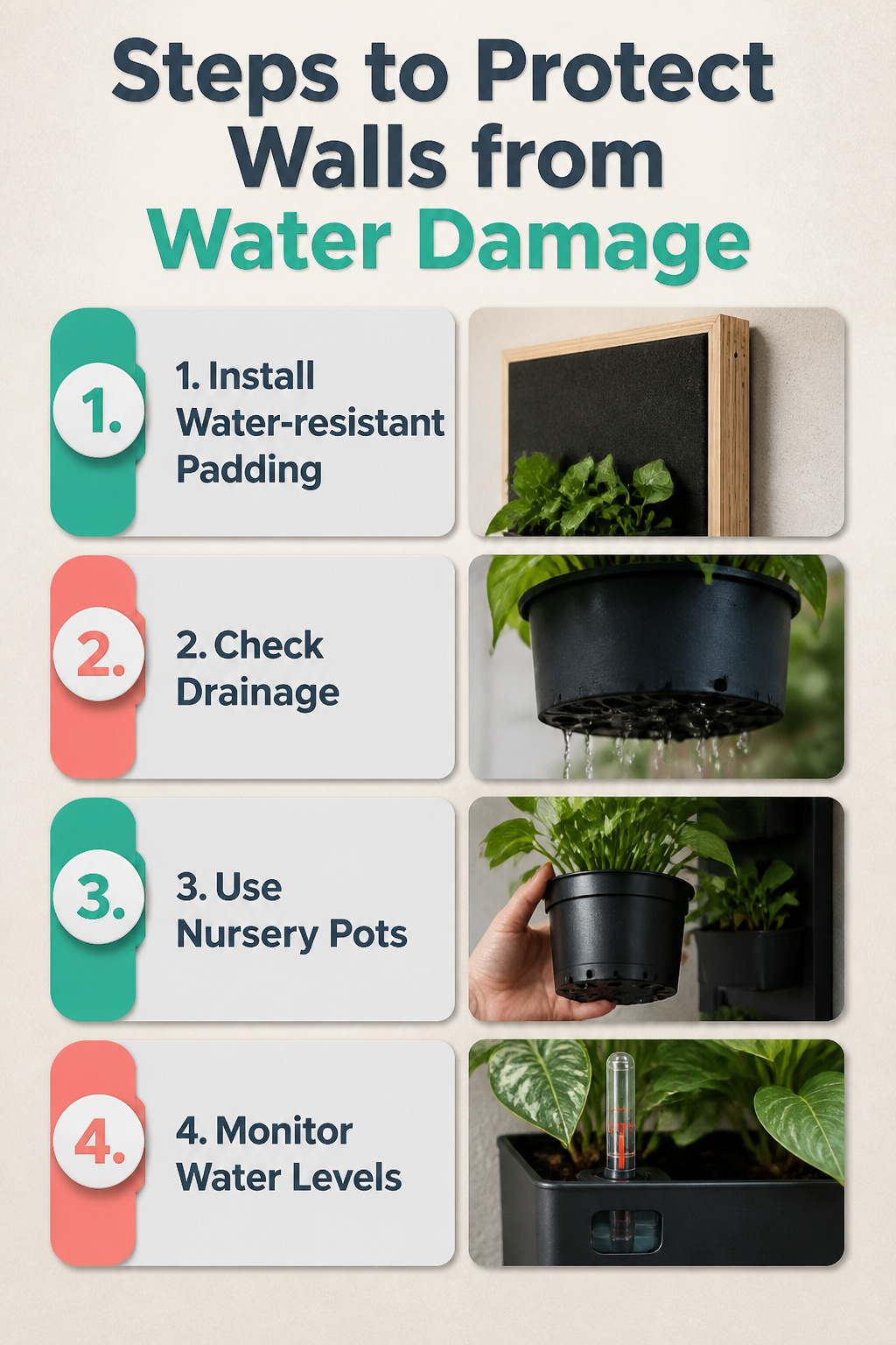 Steps to protect walls from water damage with padding and backing.