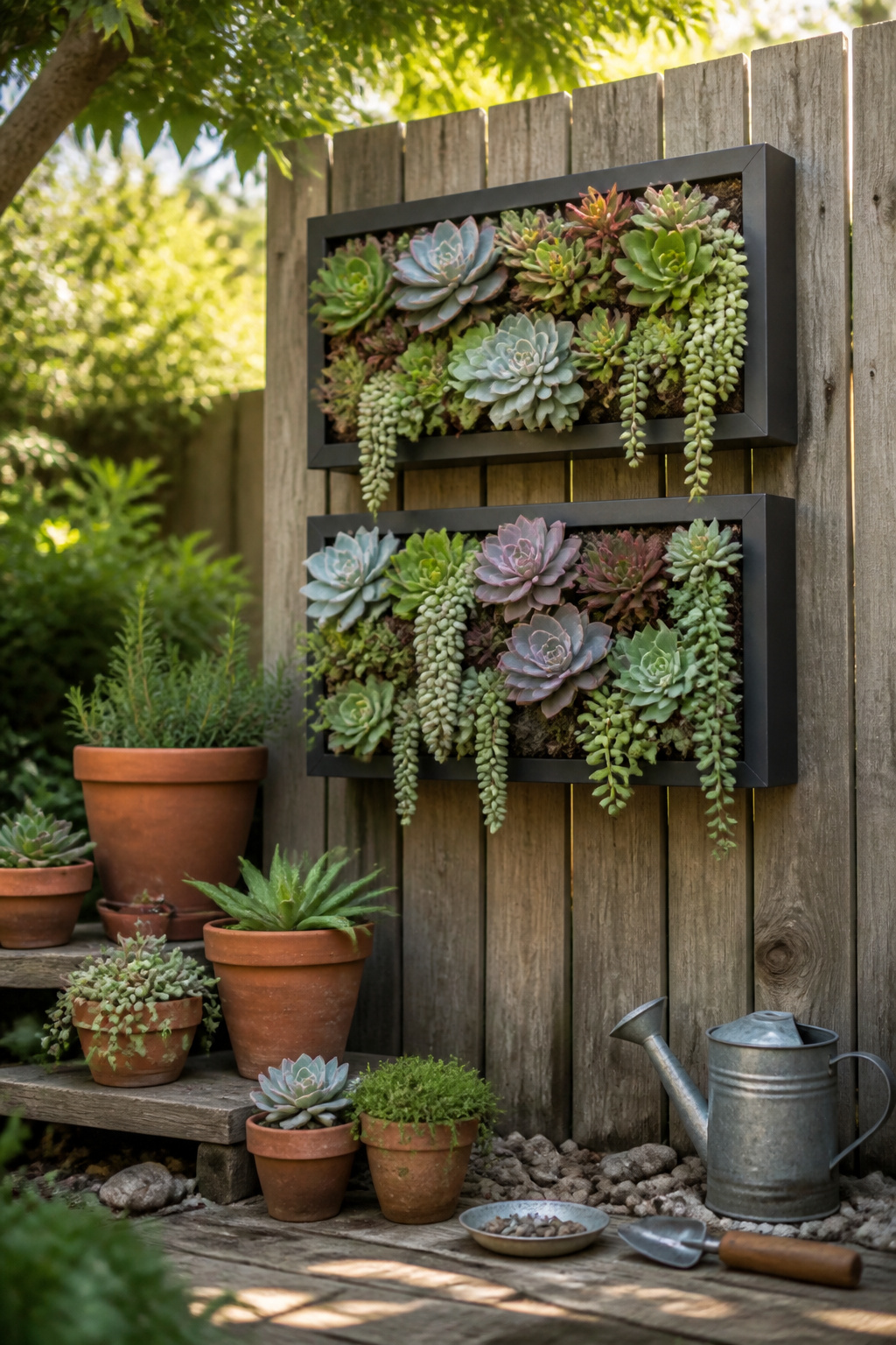 Succulents arranged in black frames on a wooden fence with terracotta pots below.