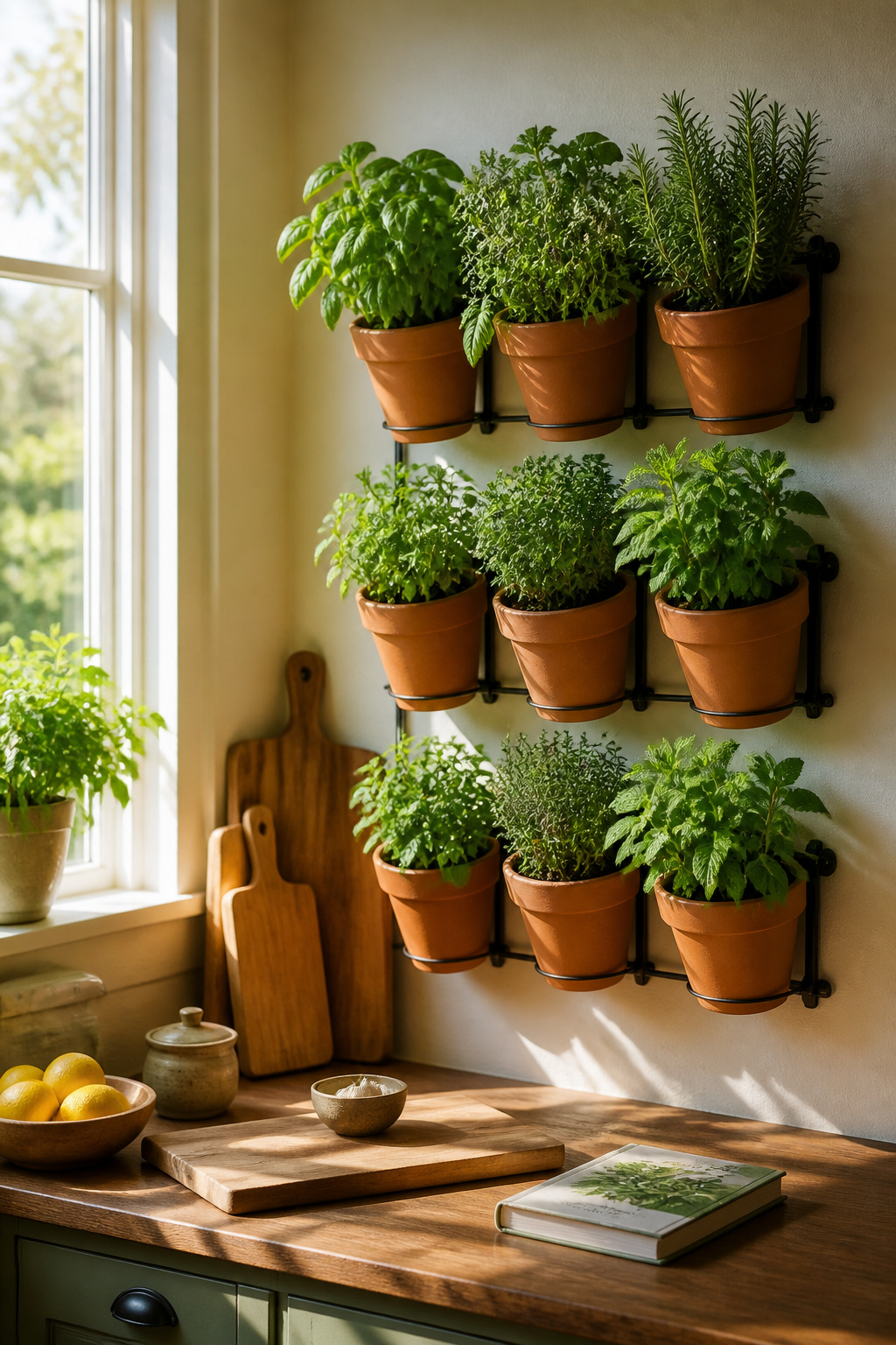 Compact pots of herbs mounted on a bright kitchen wall.