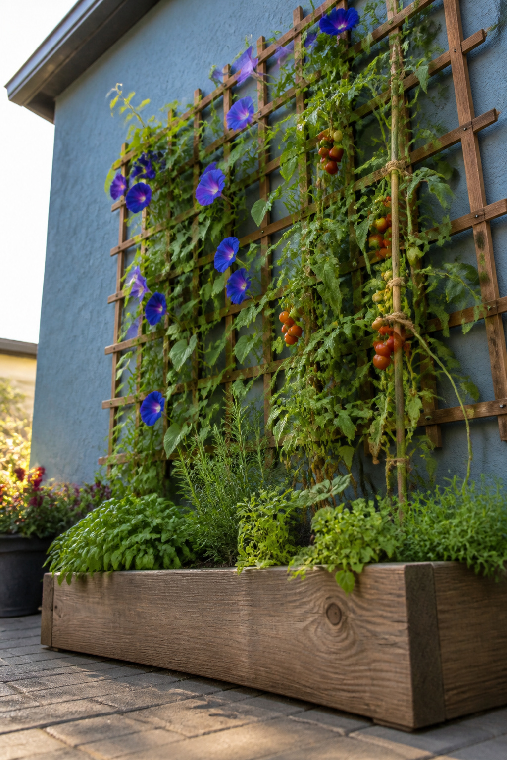 A wooden trellis mounted on a wall, ready for climbing plants.