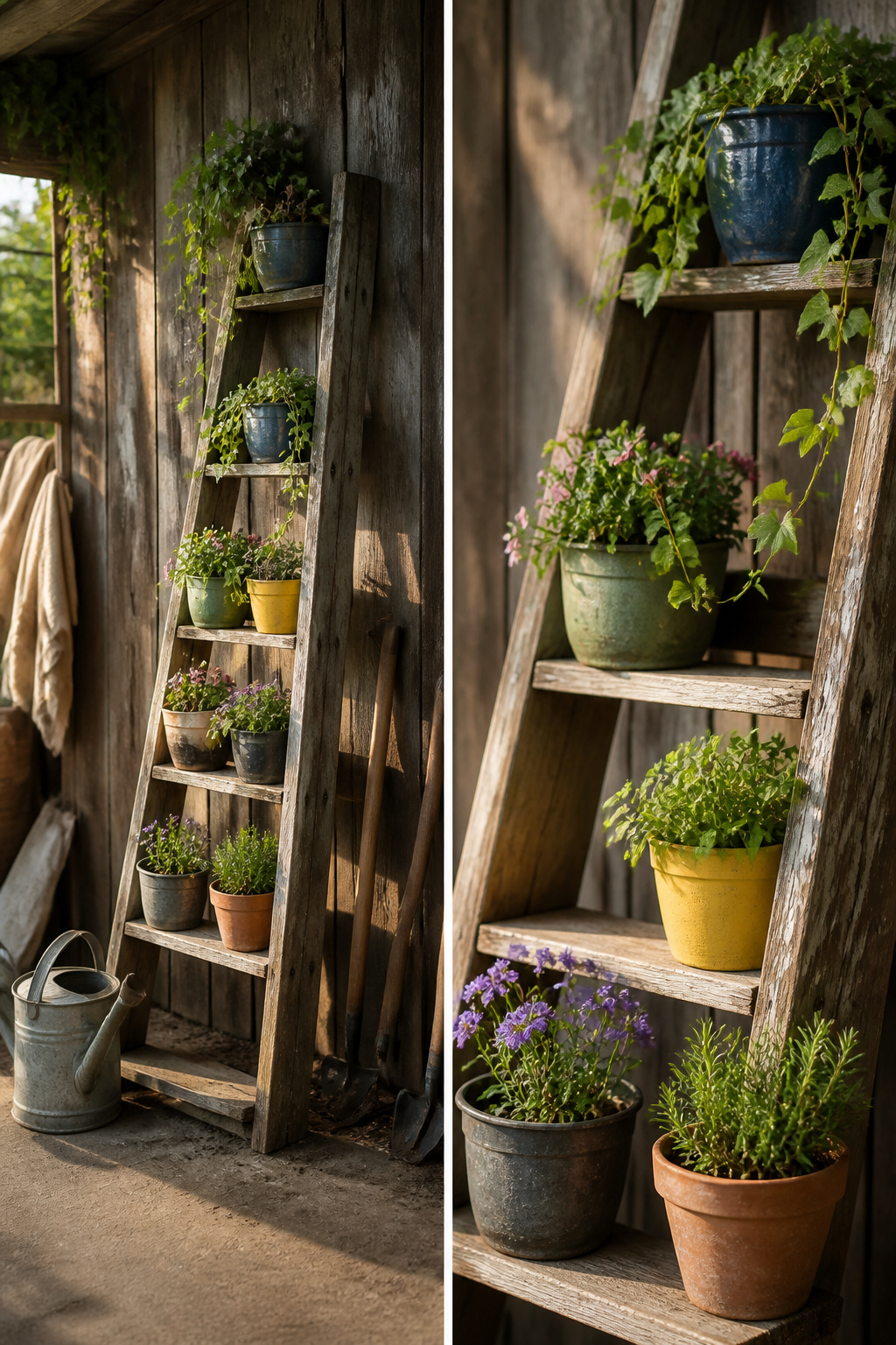 A wooden ladder leaning against a wall with potted plants on its rungs.