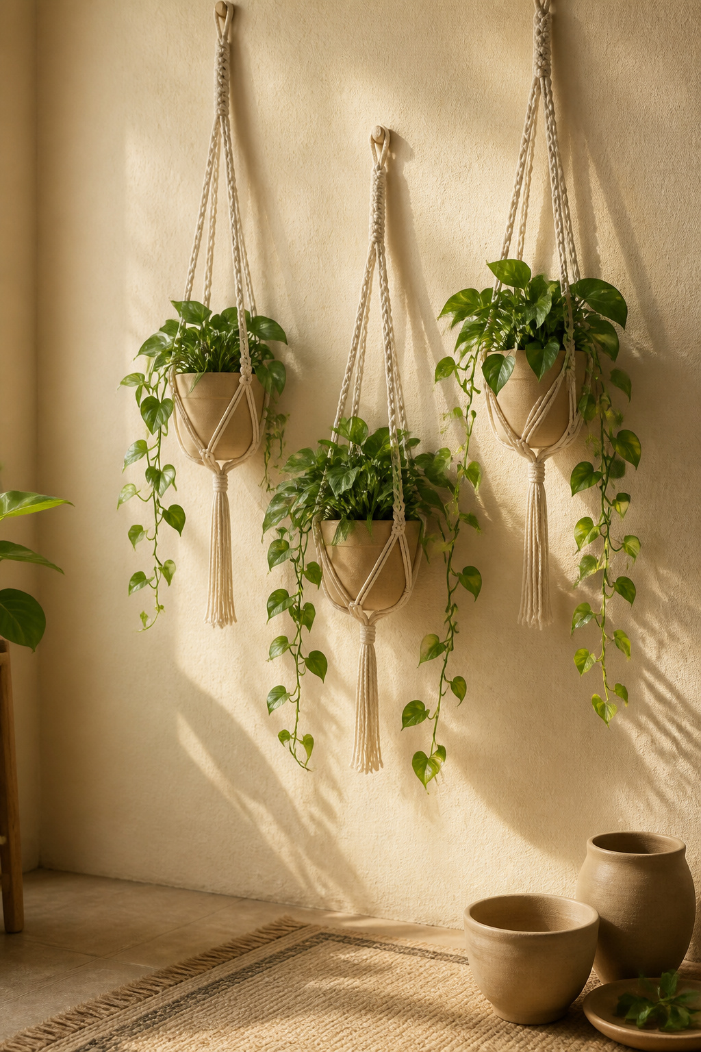 Knotted cotton hangers holding potted plants suspended from a wall.