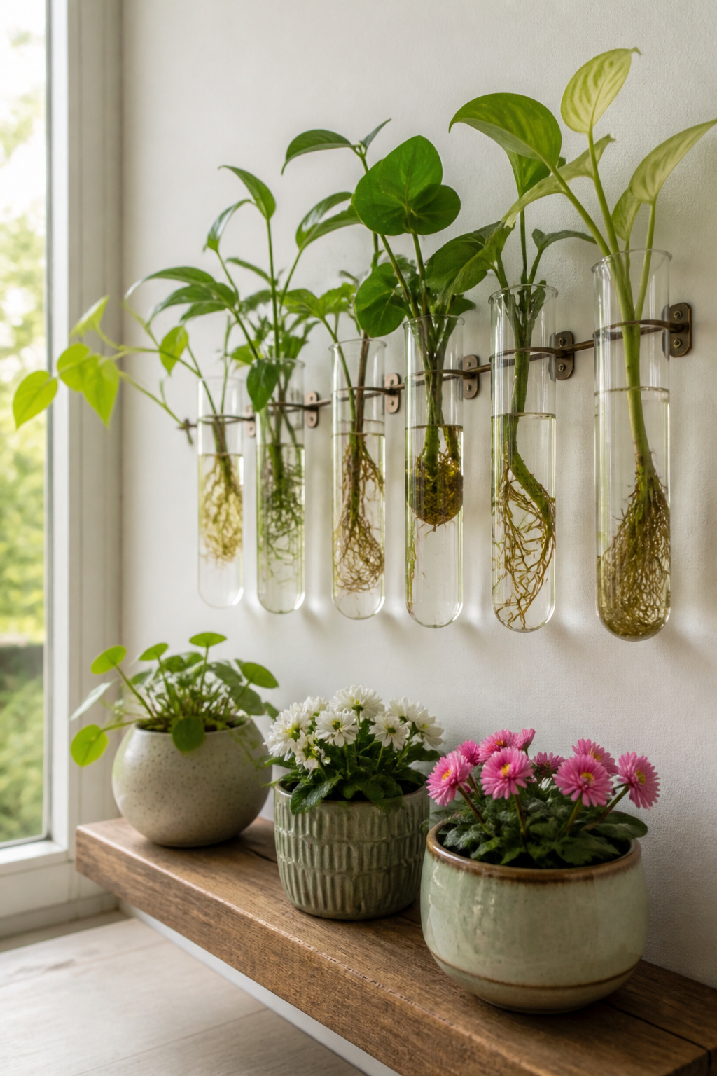 Glass tubes mounted on a wall holding plant cuttings in water.