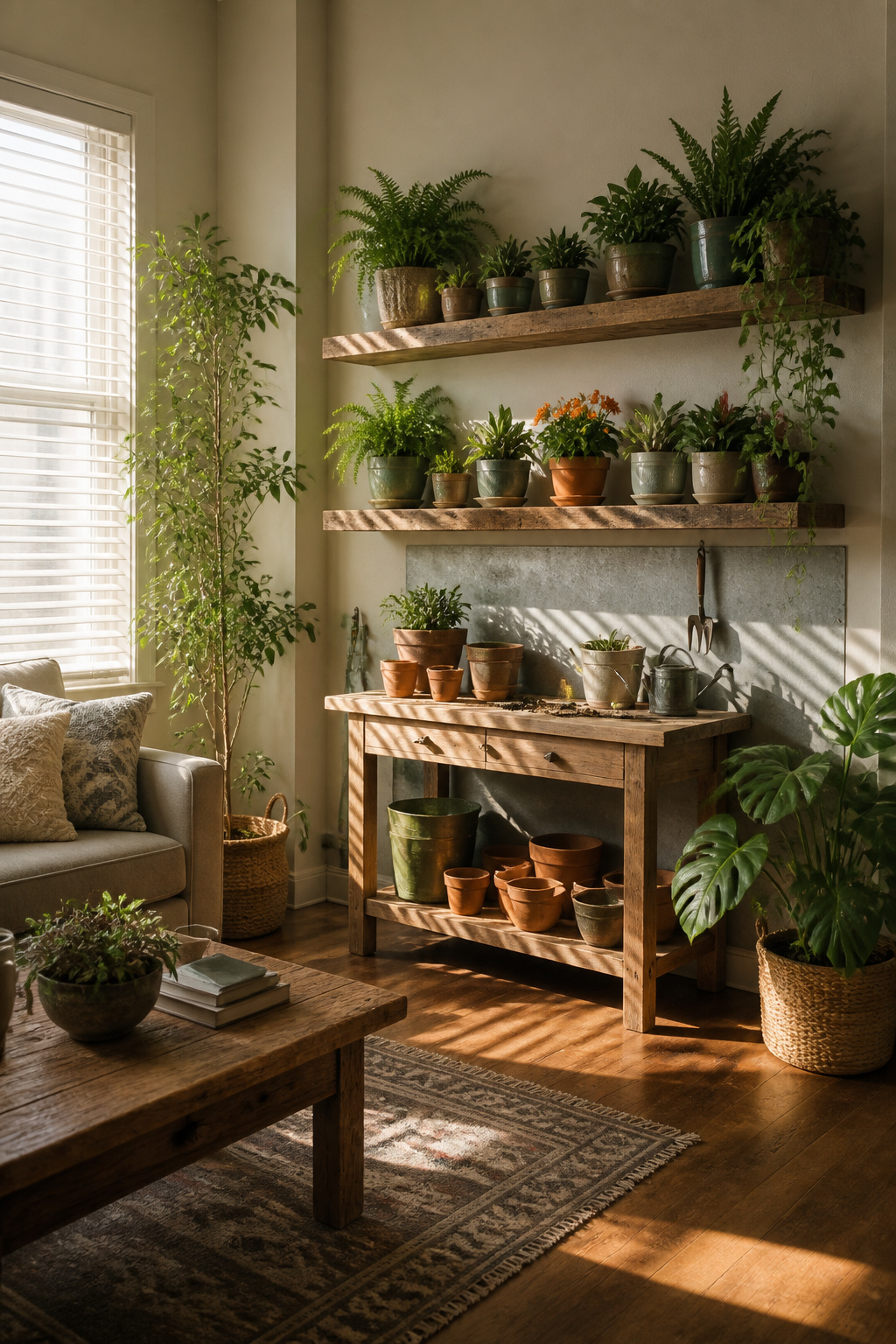 Floating shelves with potted plants arranged on them.
