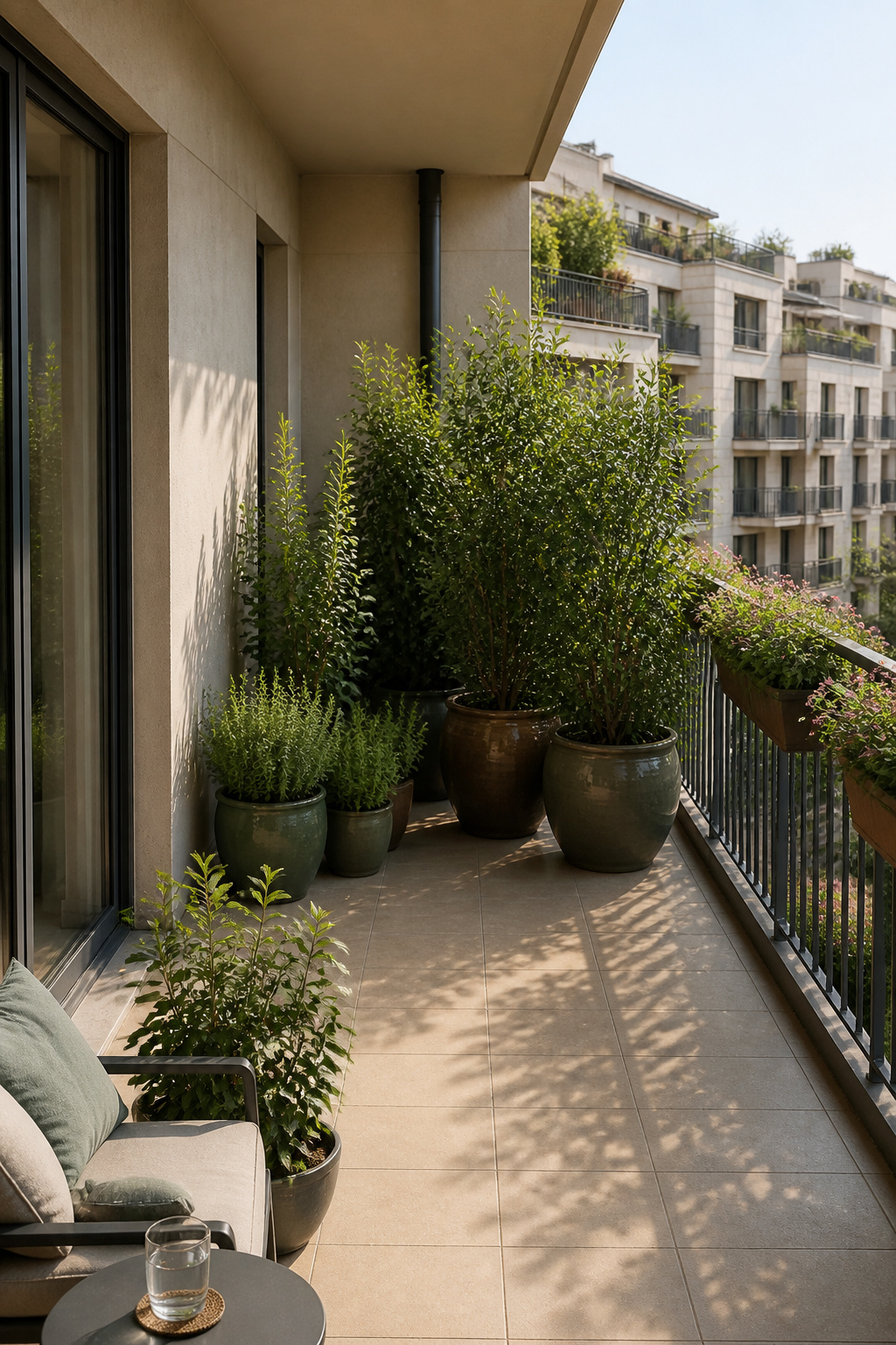 14 Balcony Garden Ideas for Small Spaces (2026) 14 Cluster of tall plants providing windbreaks on a balcony garden.