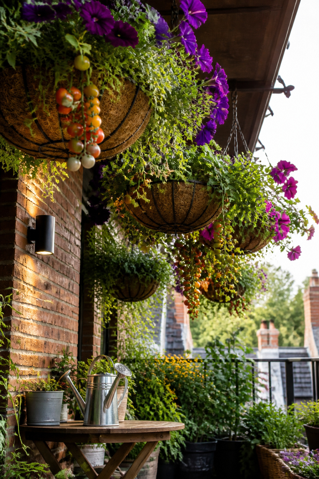 14 Balcony Garden Ideas for Small Spaces (2026) 3 Overhead hanging baskets filled with flowers on a balcony.