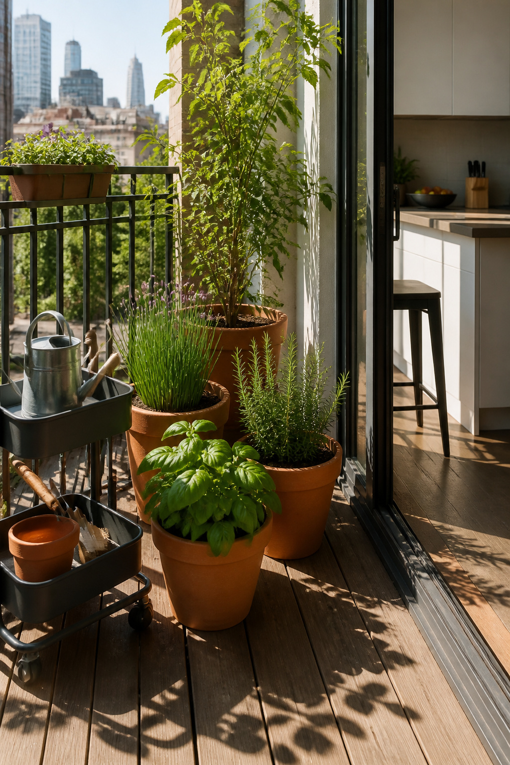 14 Balcony Garden Ideas for Small Spaces (2026) 4 Colorful herb pots arranged beside a kitchen door on a balcony.