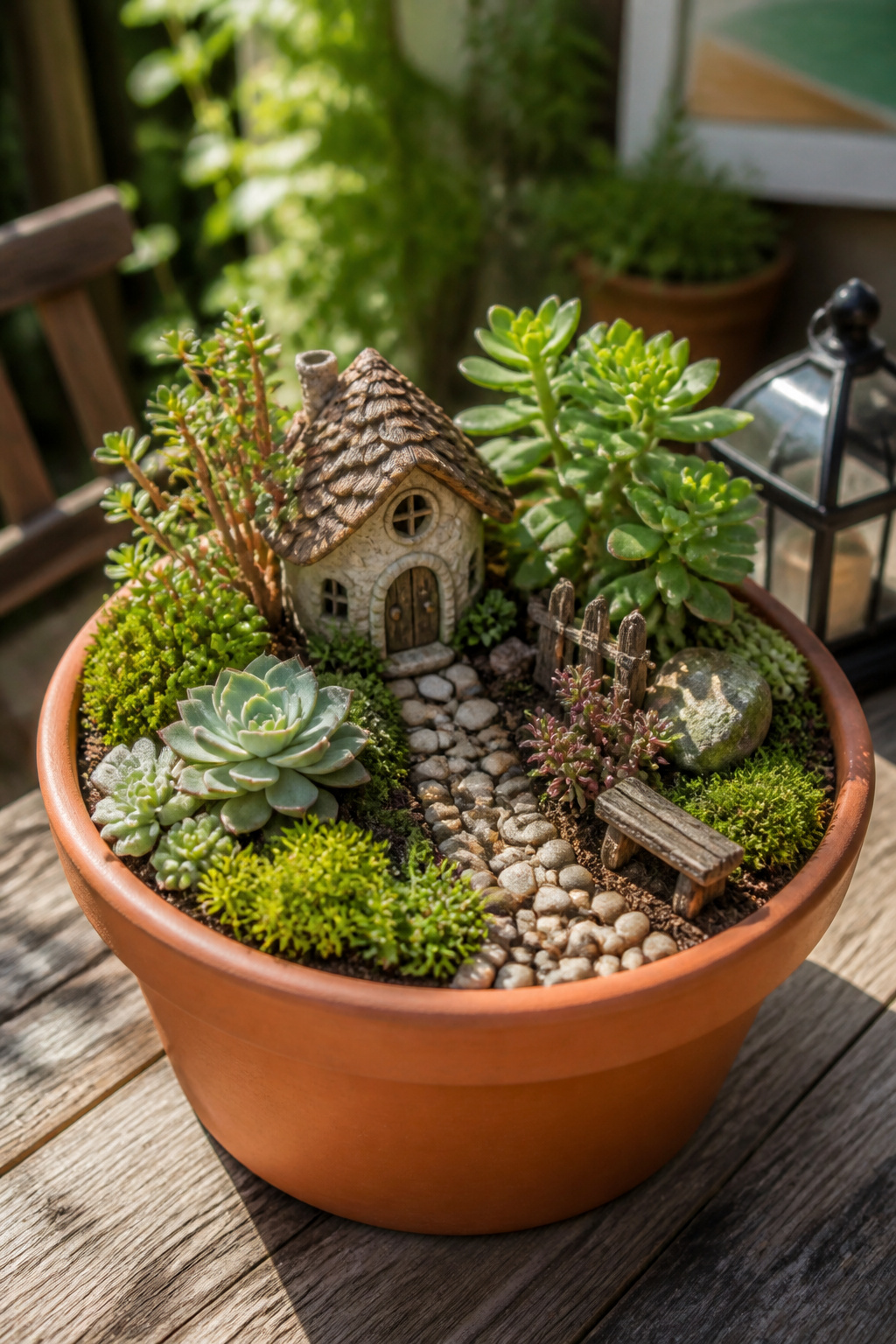 10 Fairy Garden Ideas to Build in 2026 1 A miniature garden in a terra cotta pot with a small house and succulents.