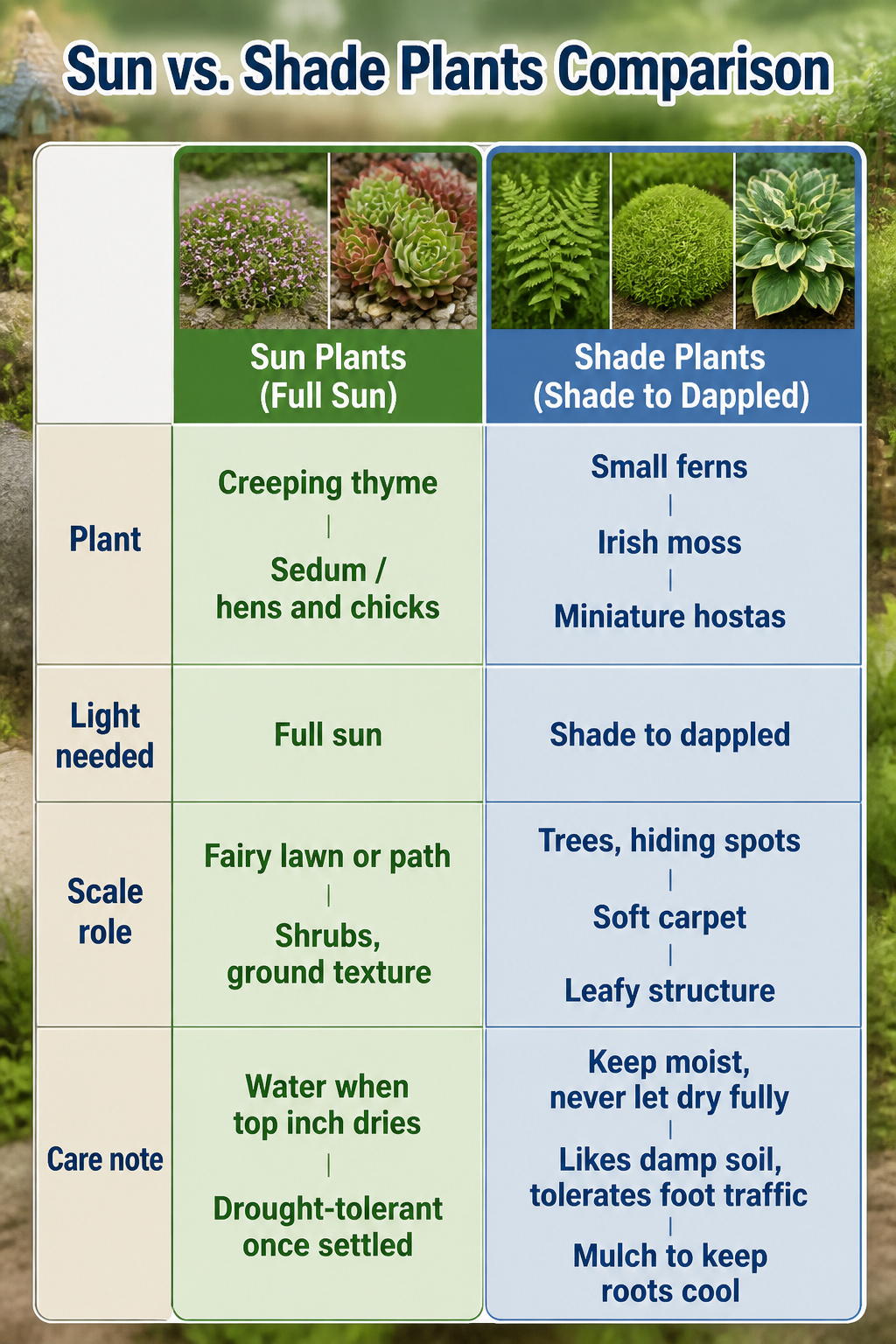10 Fairy Garden Ideas to Build in 2026 12 An image showing a comparison of plants for sunny and shady fairy gardens.