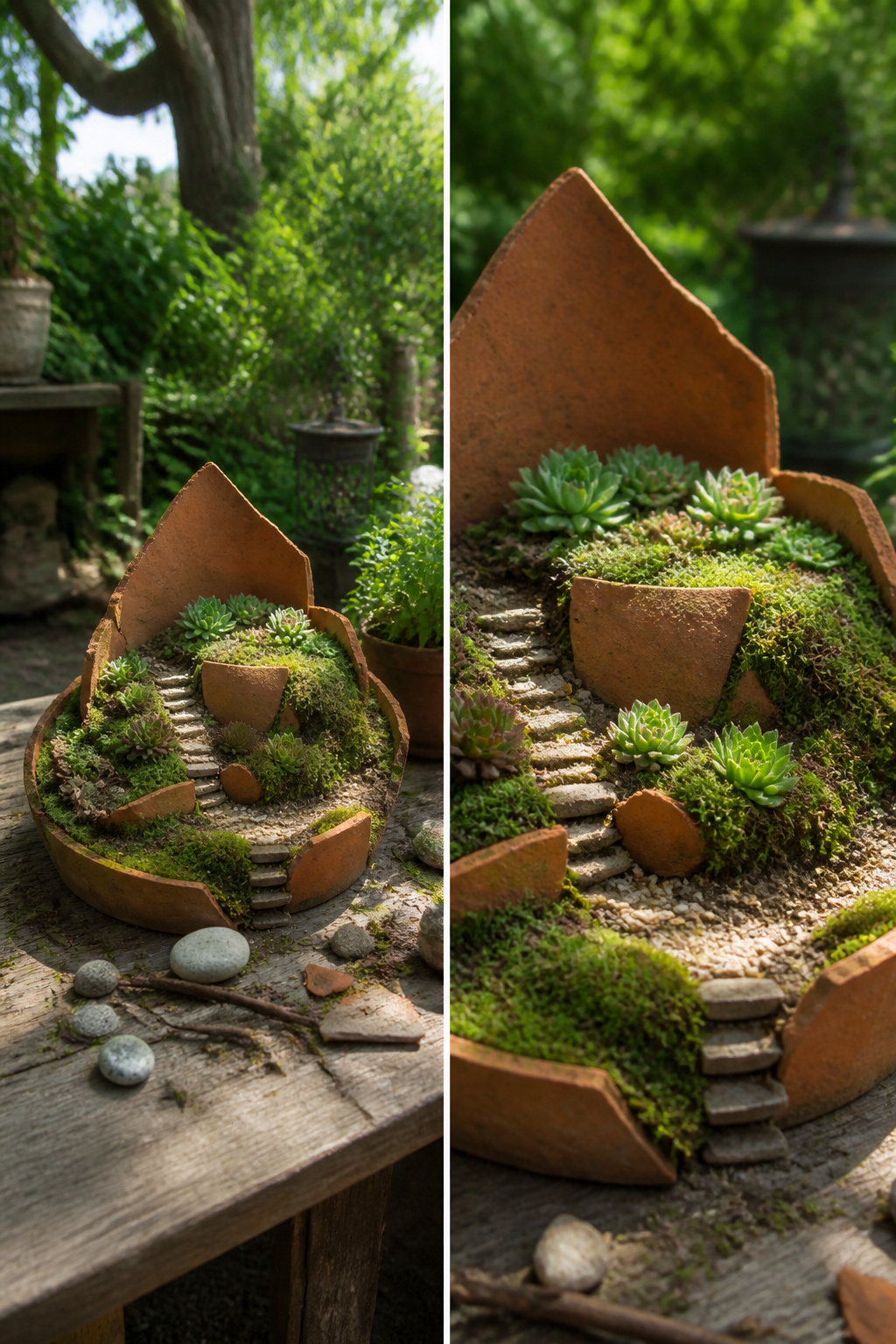 10 Fairy Garden Ideas to Build in 2026 2 A fairy garden made from a broken terracotta pot with layered soil and plants.