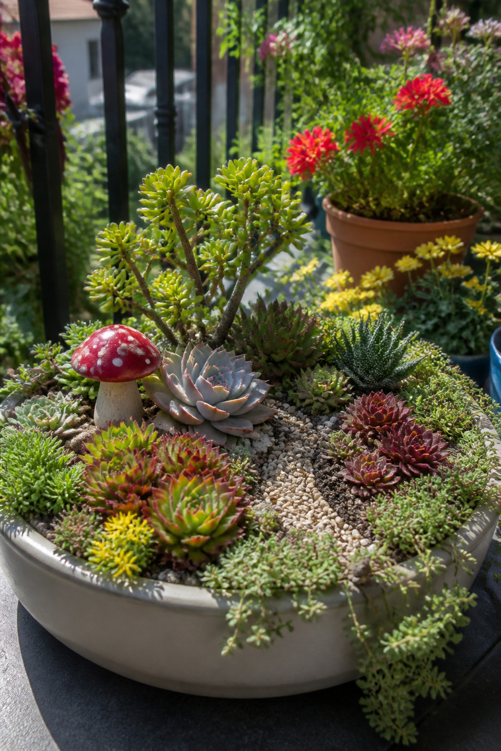 10 Fairy Garden Ideas to Build in 2026 3 A succulent fairy garden with various plants arranged in a shallow planter.