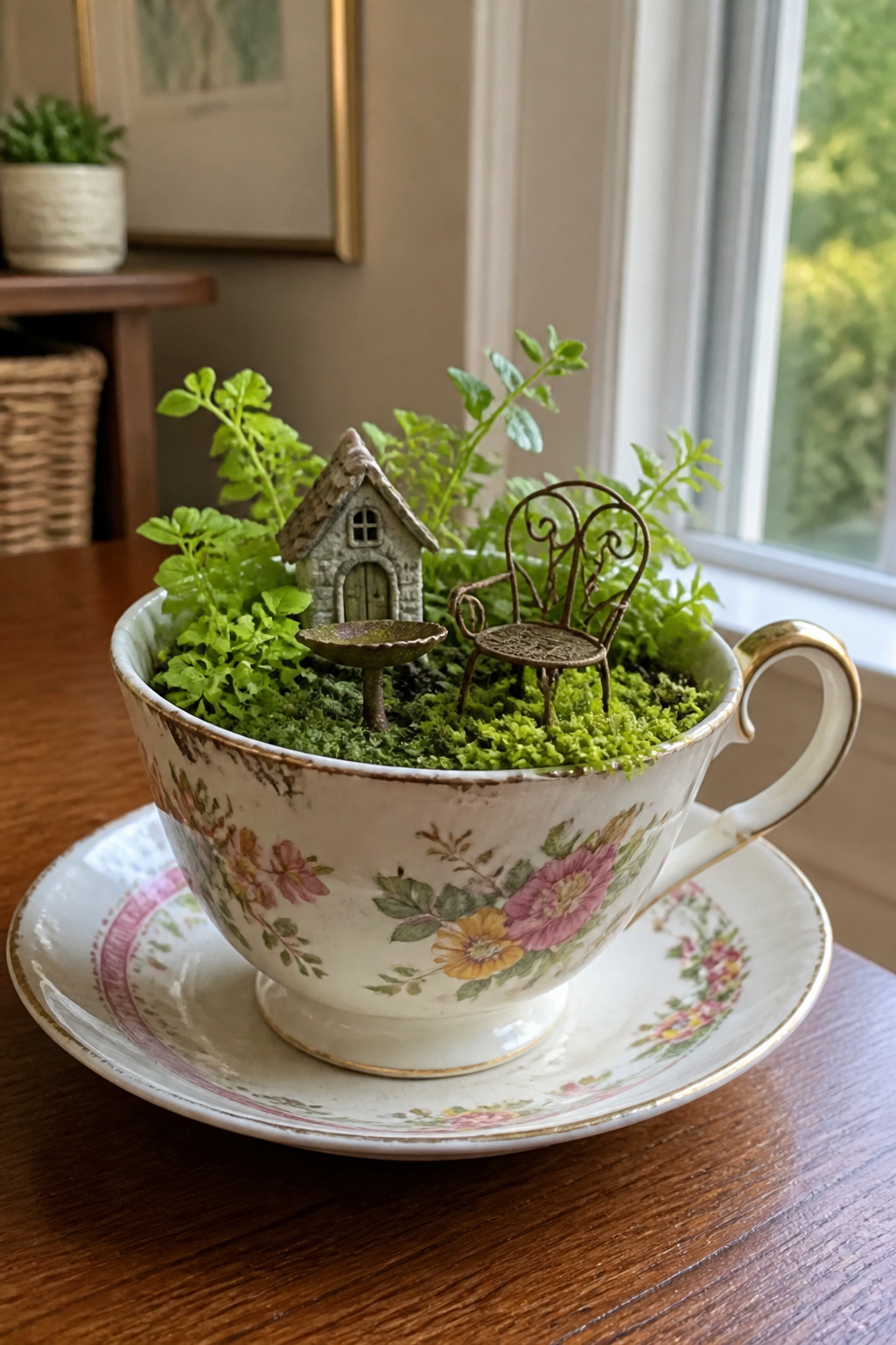 10 Fairy Garden Ideas to Build in 2026 6 A fairy garden inside a chipped teacup with small plants and gravel.