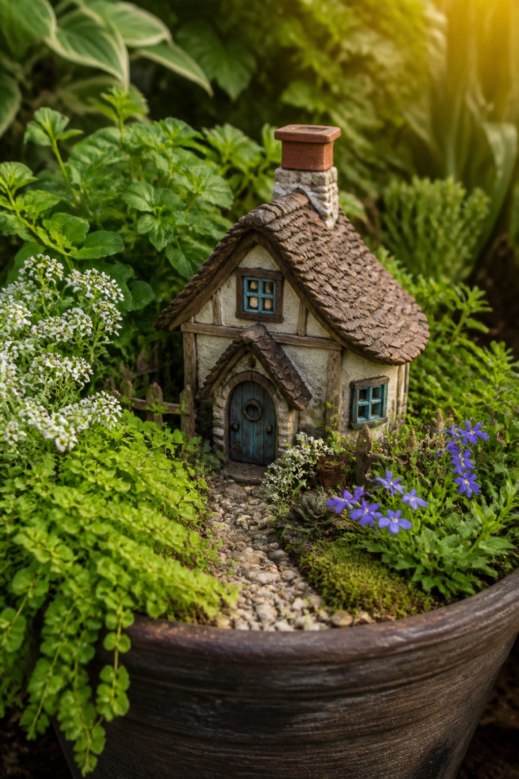 10 Fairy Garden Ideas to Build in 2026 8 A fairy garden with a cottage surrounded by small herbs and flowers.