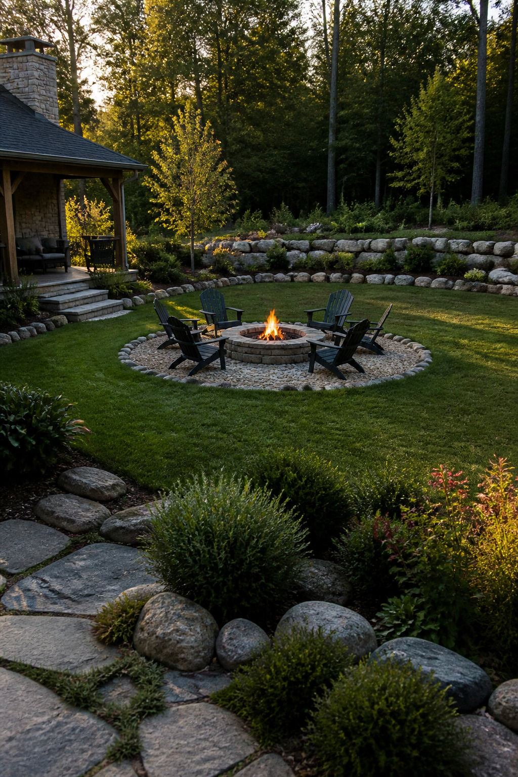 30 Fire Pit Ideas and Styles for Backyards, Patios & More 1 A dry-stacked stone circle fire pit surrounded by chairs.