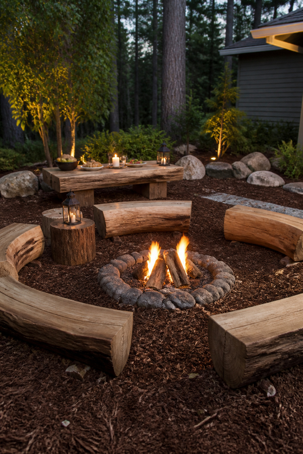 30 Fire Pit Ideas and Styles for Backyards, Patios & More 10 A circle of split-log benches around a fire pit.