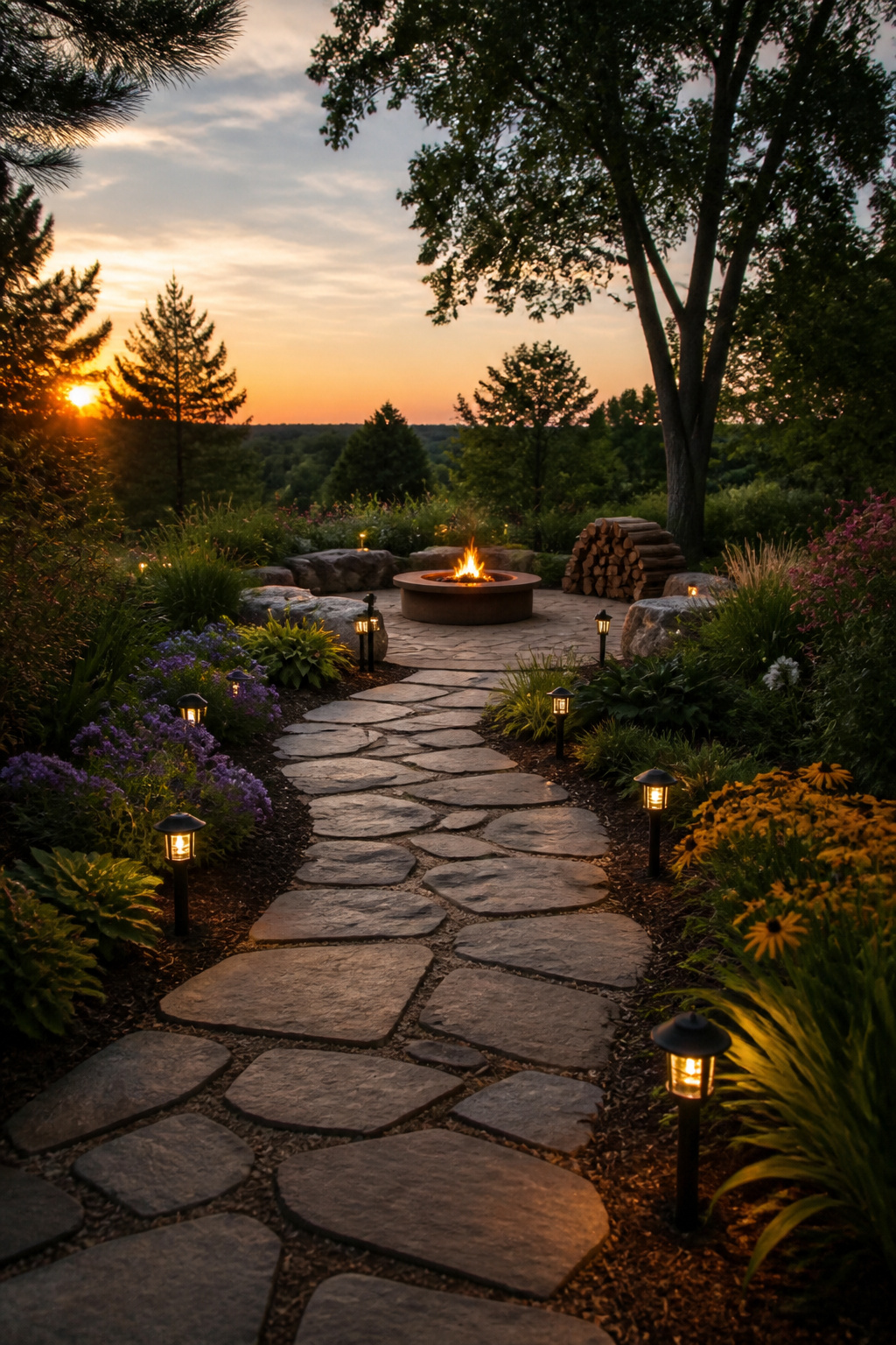 30 Fire Pit Ideas and Styles for Backyards, Patios & More 11 A fire pit located at the far end of a yard.