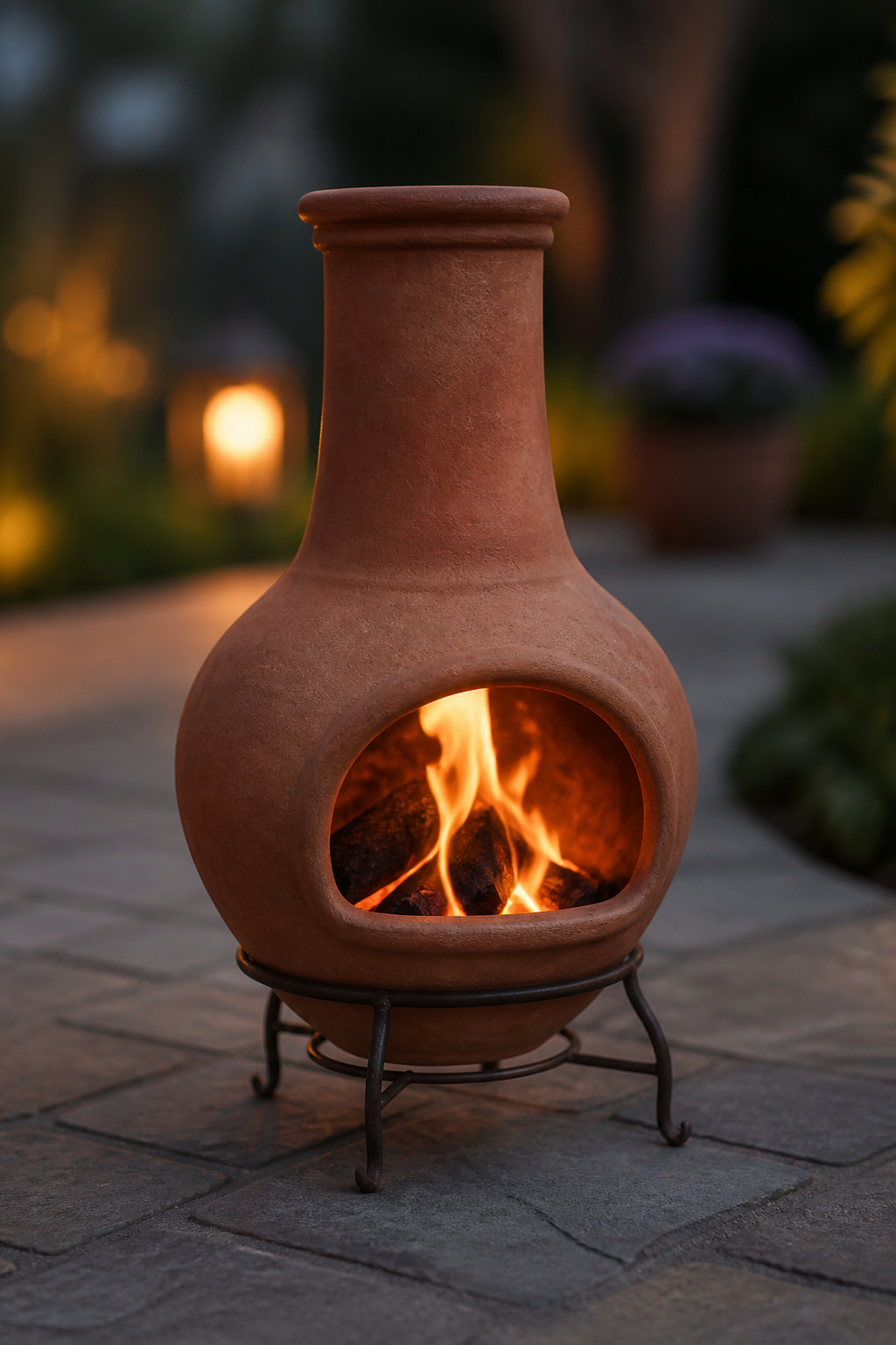 30 Fire Pit Ideas and Styles for Backyards, Patios & More 12 A chiminea with a small fire burning inside.