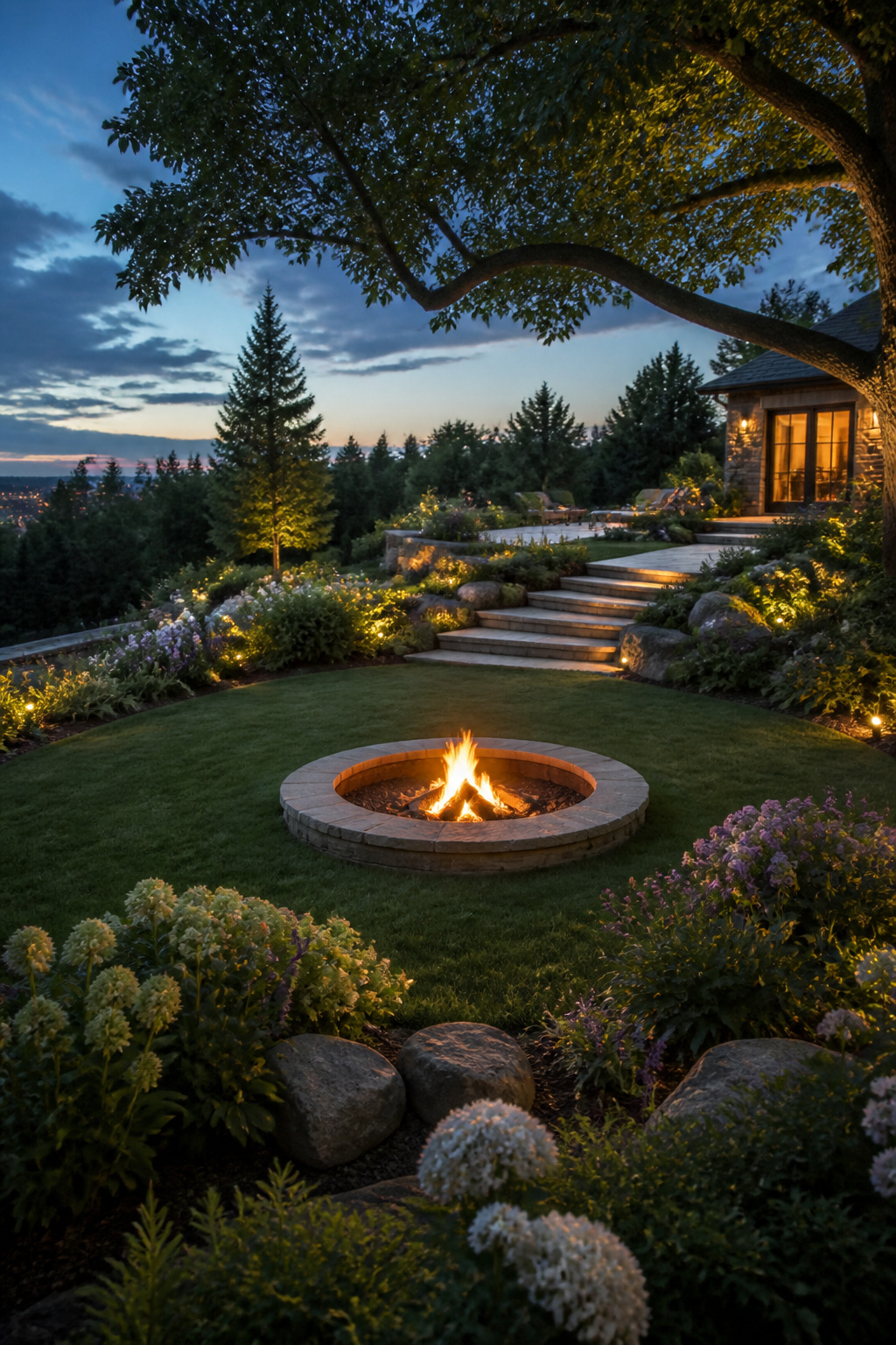 30 Fire Pit Ideas and Styles for Backyards, Patios & More 13 An in-ground fire pit surrounded by landscaped ground.