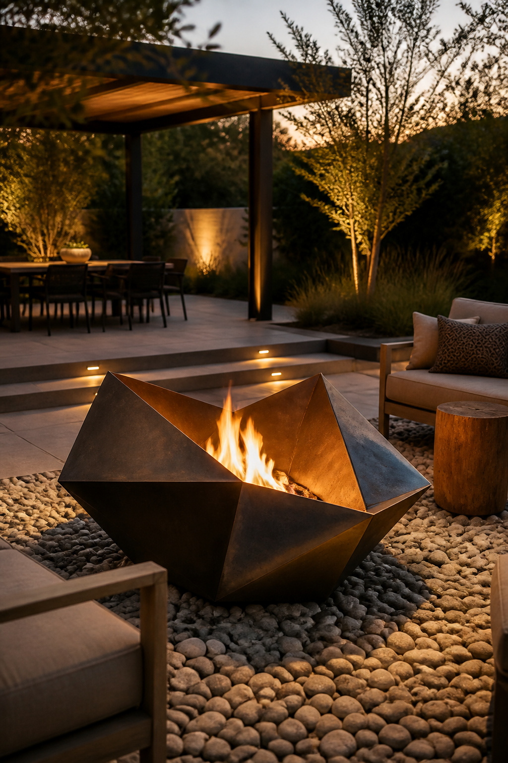 30 Fire Pit Ideas and Styles for Backyards, Patios & More 17 A geometric metal fire pit surrounded by outdoor seating.