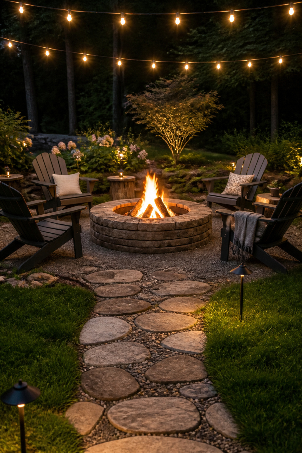 30 Fire Pit Ideas and Styles for Backyards, Patios & More 18 A wood-burning fire pit surrounded by Adirondack chairs.