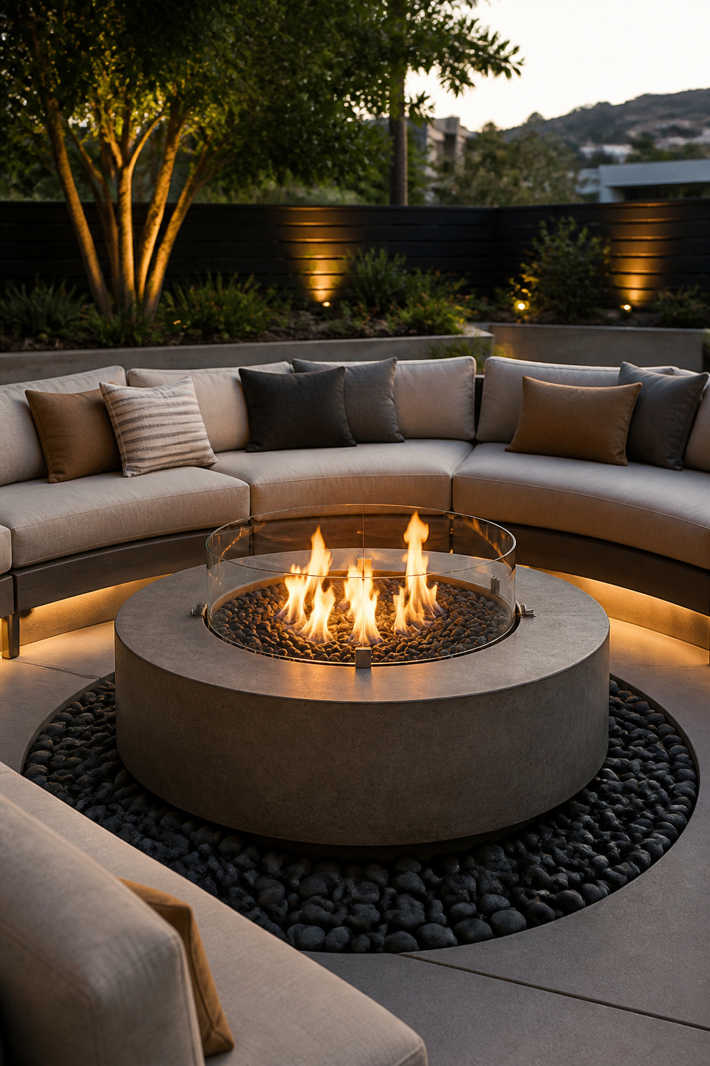 30 Fire Pit Ideas and Styles for Backyards, Patios & More 19 A round gas fire pit with a tempered glass screen.