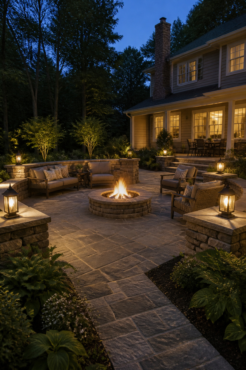30 Fire Pit Ideas and Styles for Backyards, Patios & More 2 A built-in fire pit with surrounding seating on a patio.