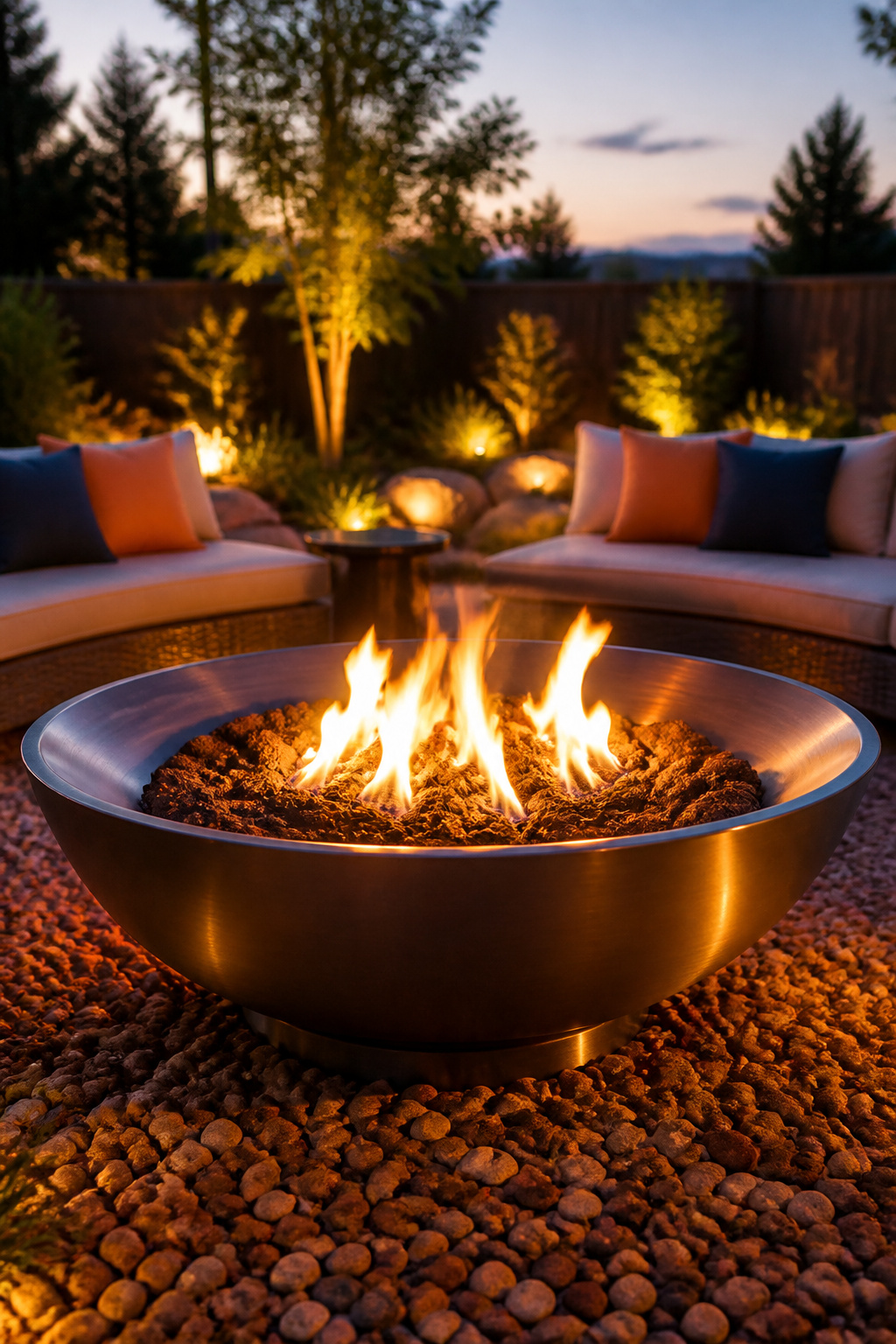 30 Fire Pit Ideas and Styles for Backyards, Patios & More 20 A wide, shallow fire bowl in an outdoor setting.