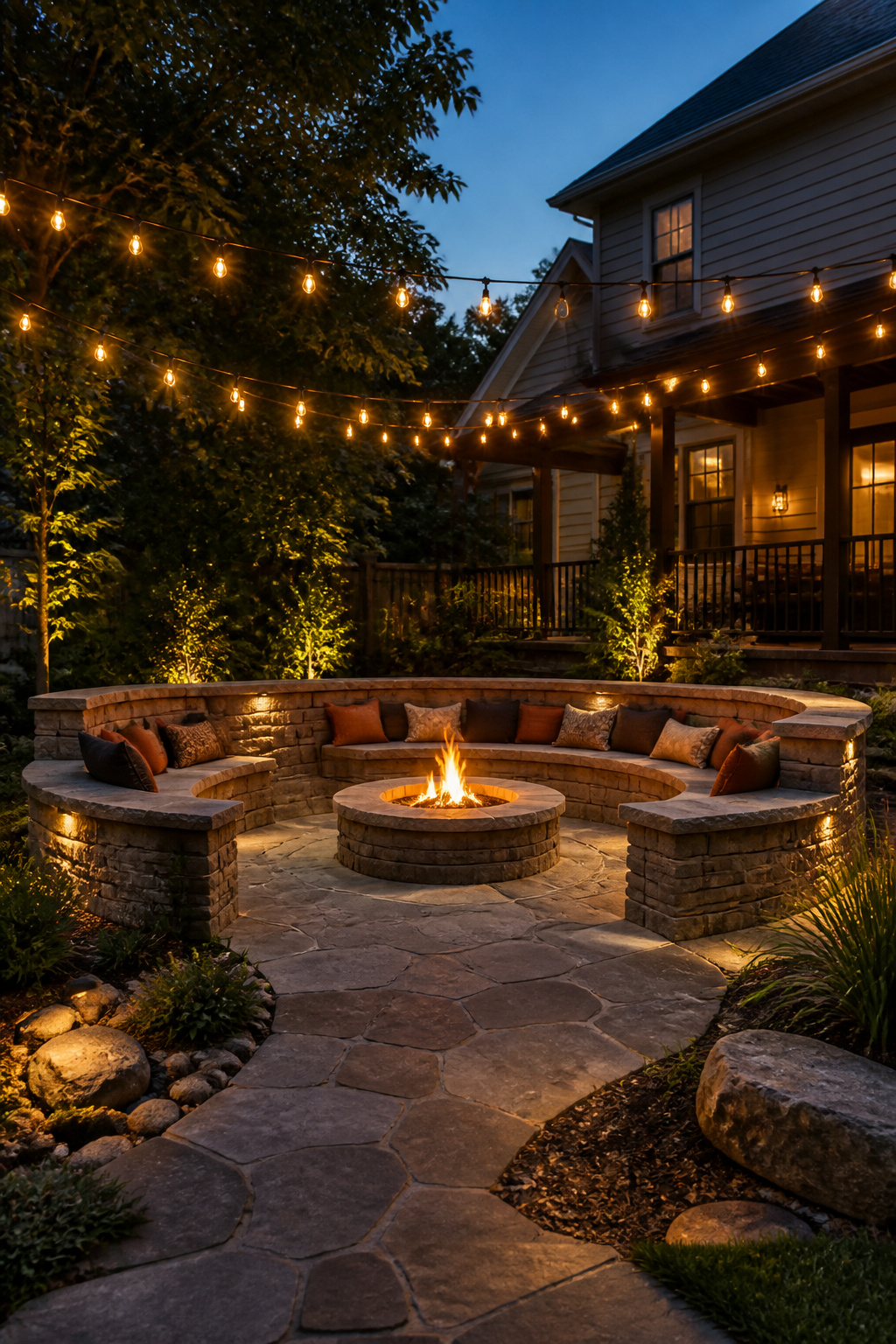 30 Fire Pit Ideas and Styles for Backyards, Patios & More 21 Stone walls surrounding a fire pit with seating.