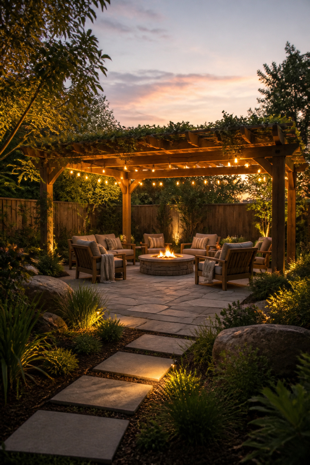 30 Fire Pit Ideas and Styles for Backyards, Patios & More 26 A pergola positioned above a fire pit.