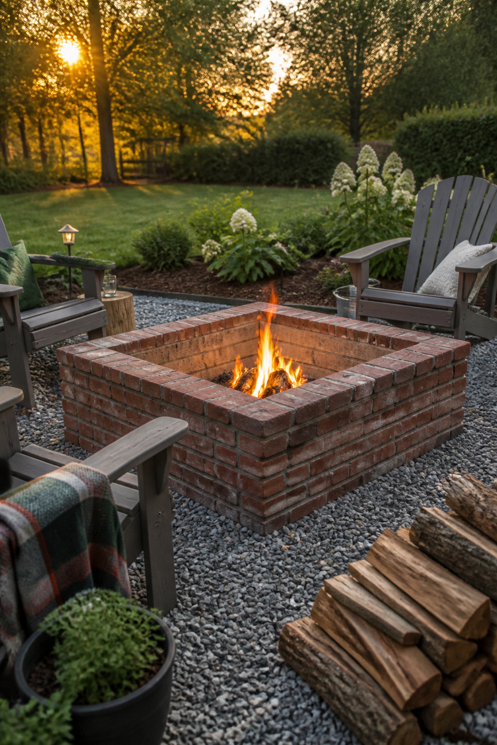 30 Fire Pit Ideas and Styles for Backyards, Patios & More 3 A square brick fire pit set against grass and gravel.