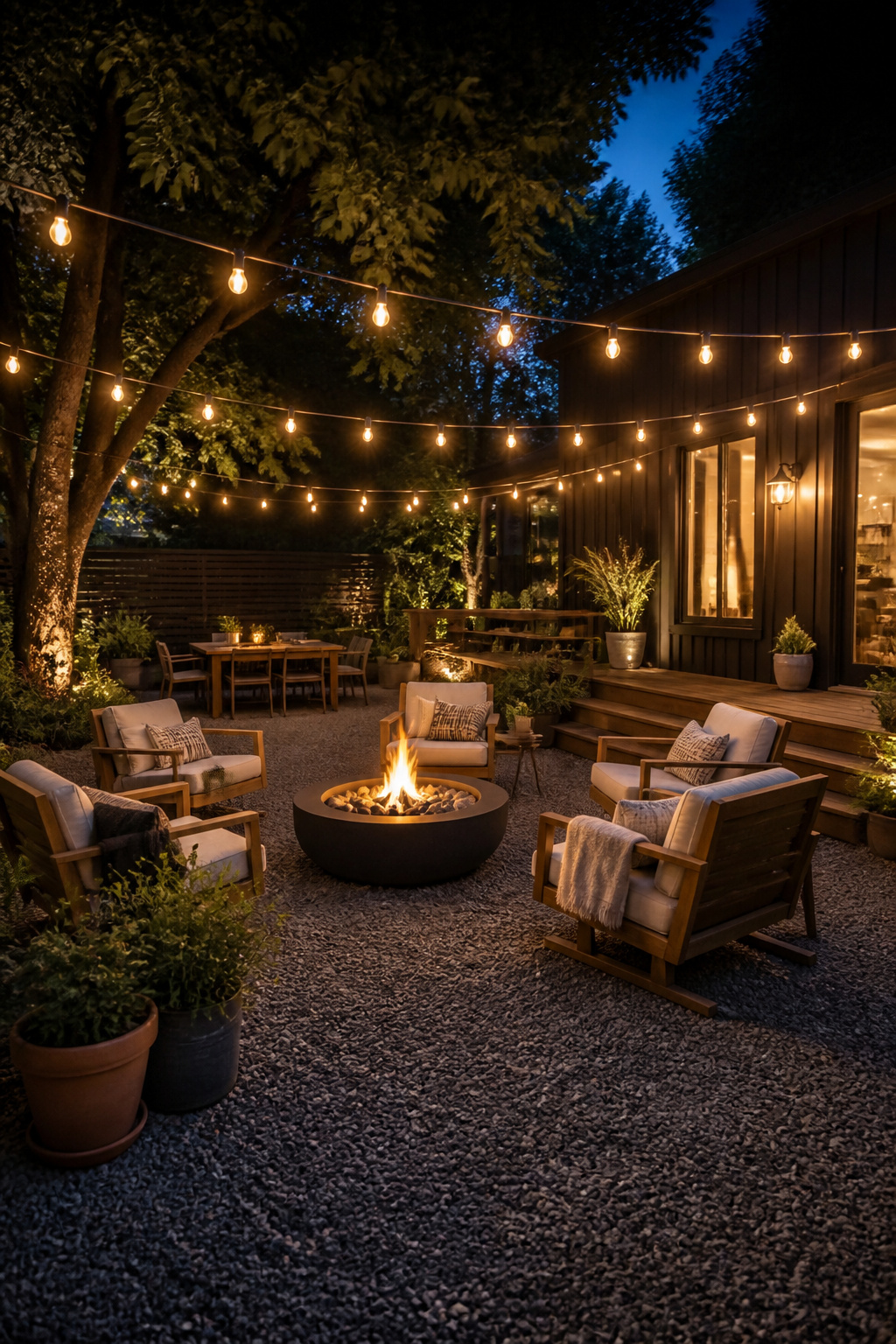 30 Fire Pit Ideas and Styles for Backyards, Patios & More 30 Overhead string lights illuminating a fire pit area.