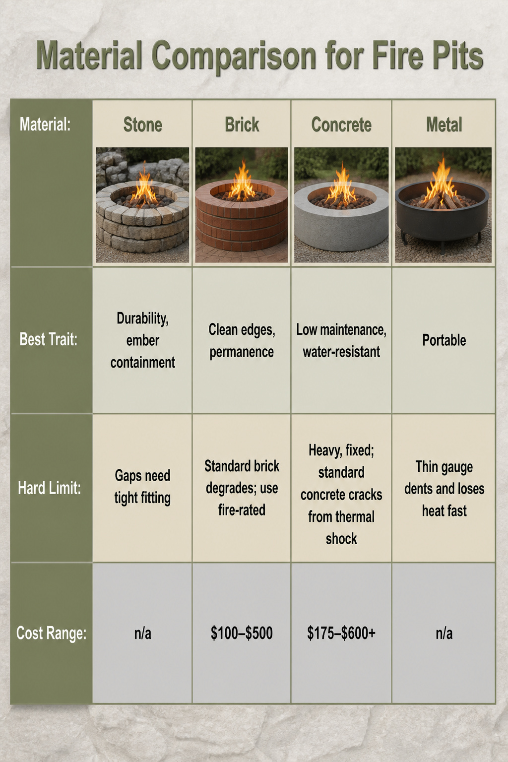 30 Fire Pit Ideas and Styles for Backyards, Patios & More 31 A table comparing materials for building fire pits.