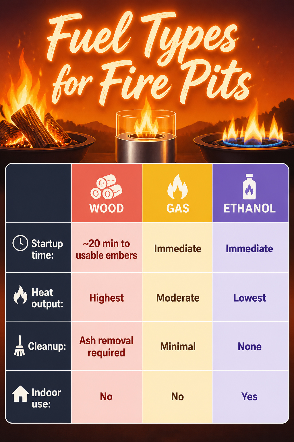30 Fire Pit Ideas and Styles for Backyards, Patios & More 32 A comparison of fuel types for fire pits.