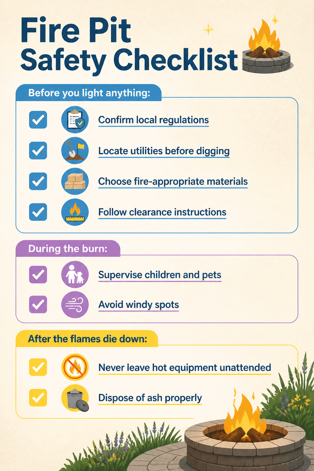30 Fire Pit Ideas and Styles for Backyards, Patios & More 35 A checklist for fire pit safety precautions.
